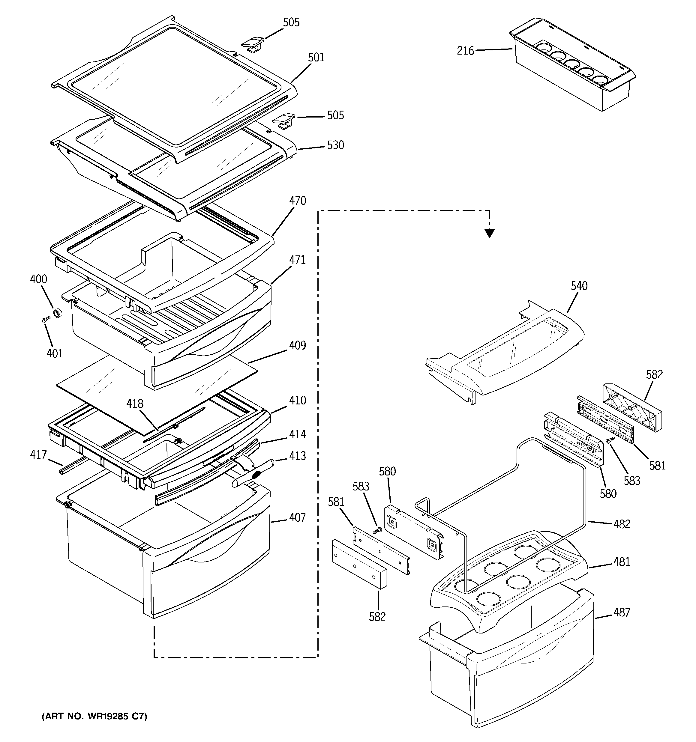 GE PSG25NGMHCWW fresh food shelves diagram