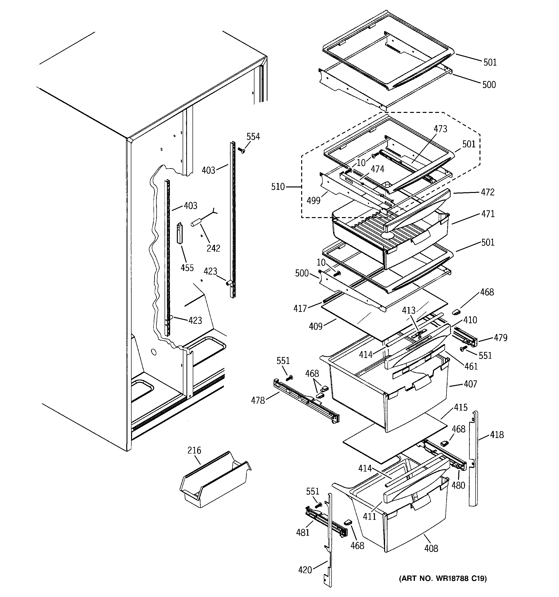 GE GSS25WGPABB fresh food shelves diagram