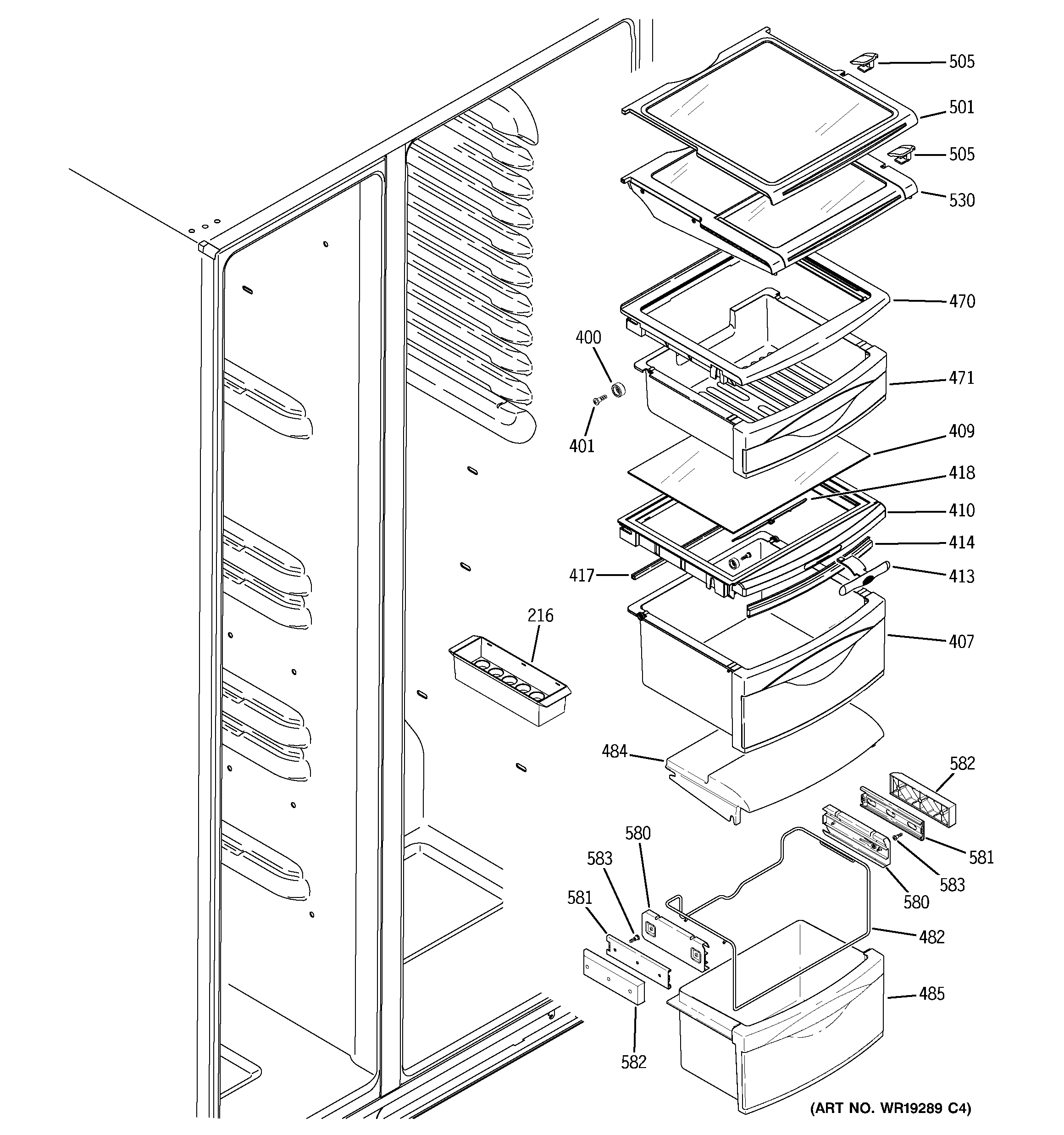 GE GCK23LCNCFCC fresh food shelves diagram