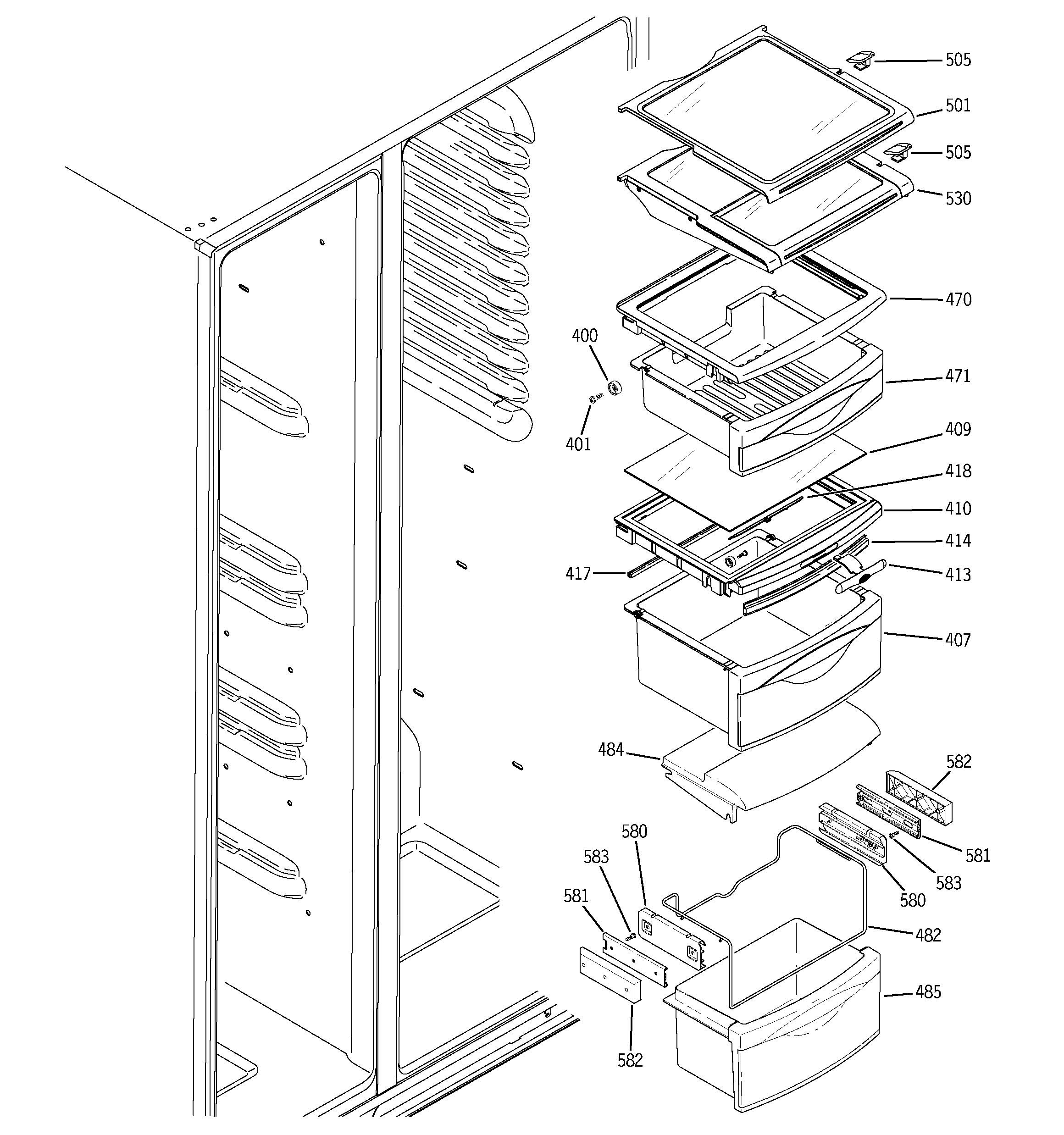 GE GSC23LGPACC fresh food shelves diagram