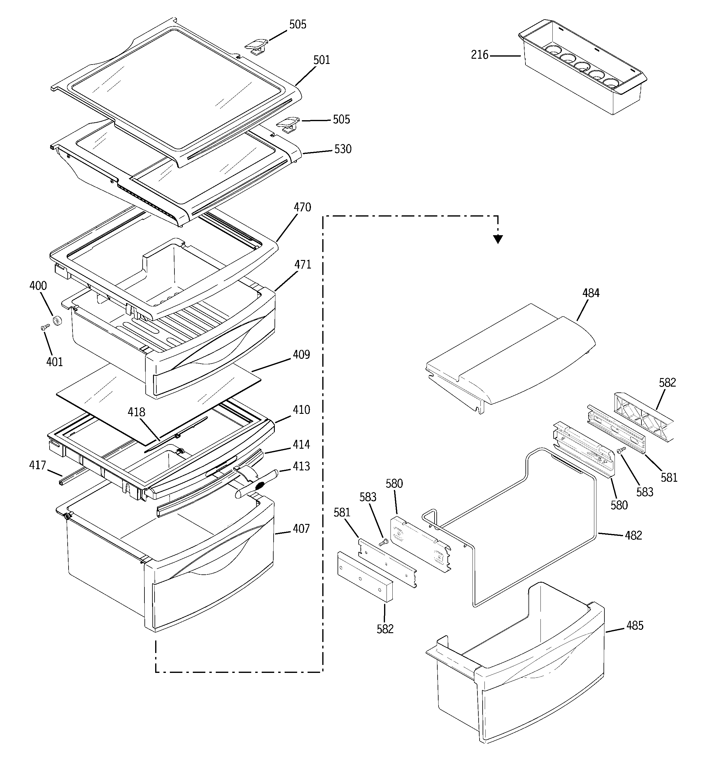 GE PCG21MIMHFBB fresh food shelves diagram