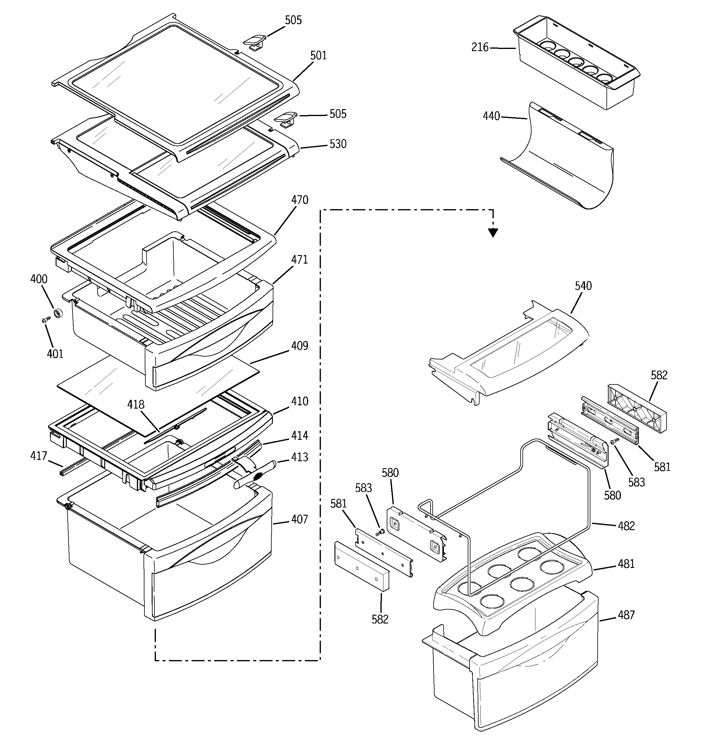 GE PCG23NJMHFWW fresh food shelves diagram