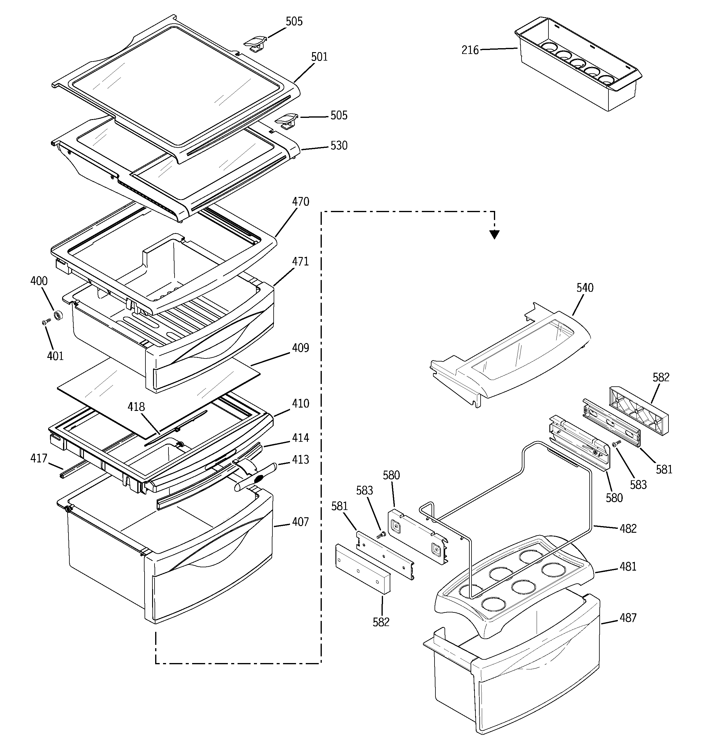 GE PSG25NGMHFWW fresh food shelves diagram