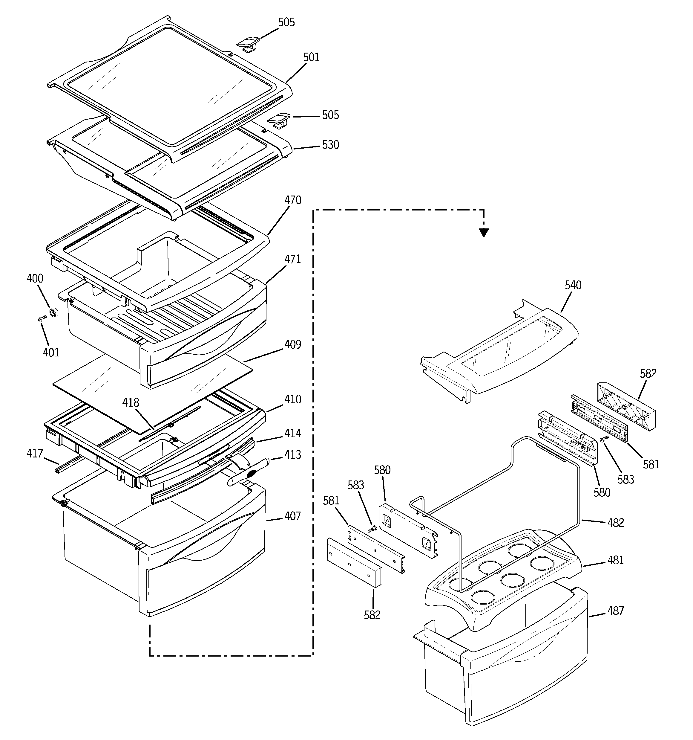 GE PSW26SGPASS fresh food shelves diagram