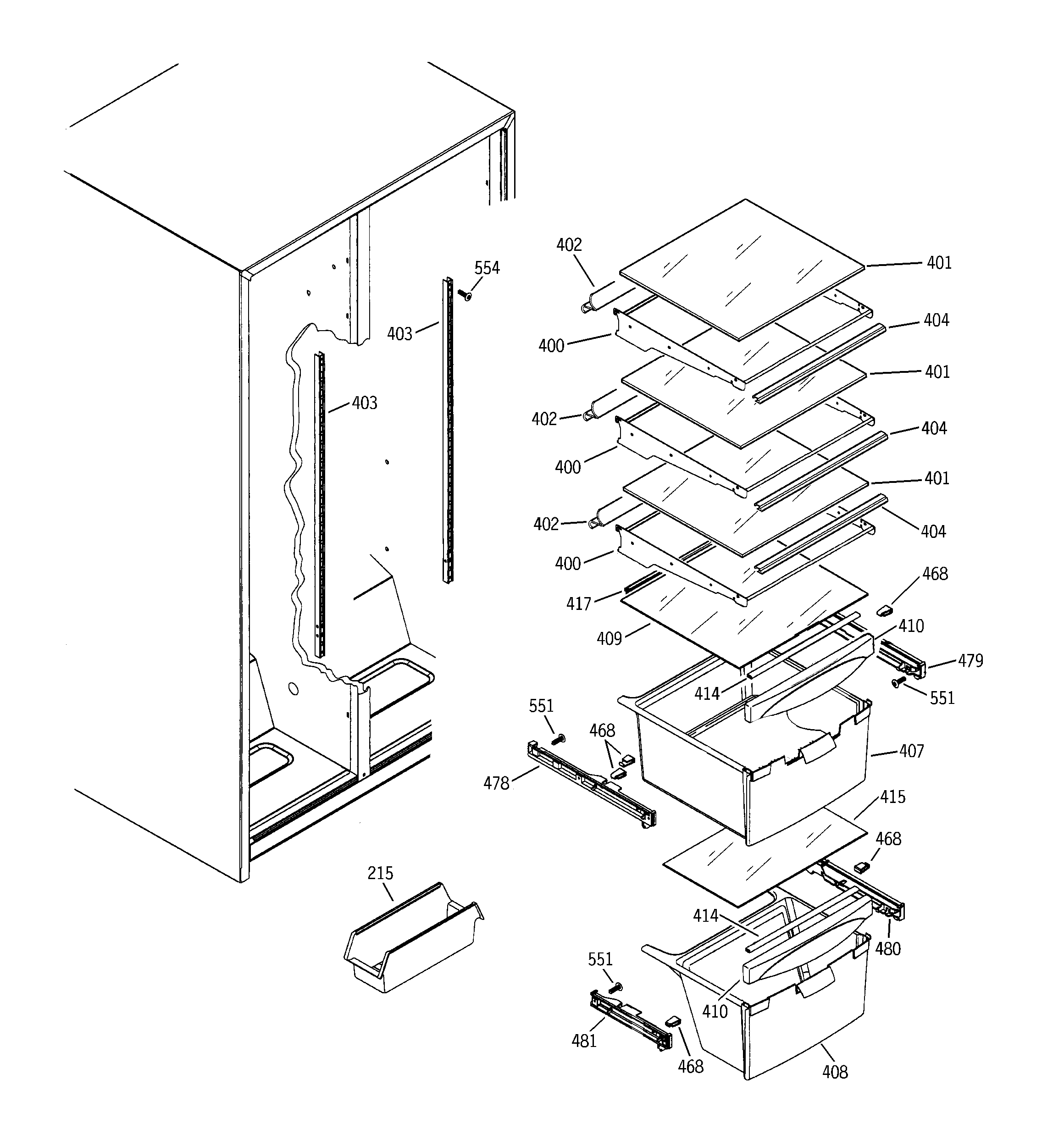 GE GSS22IBPDWW fresh food shelves diagram