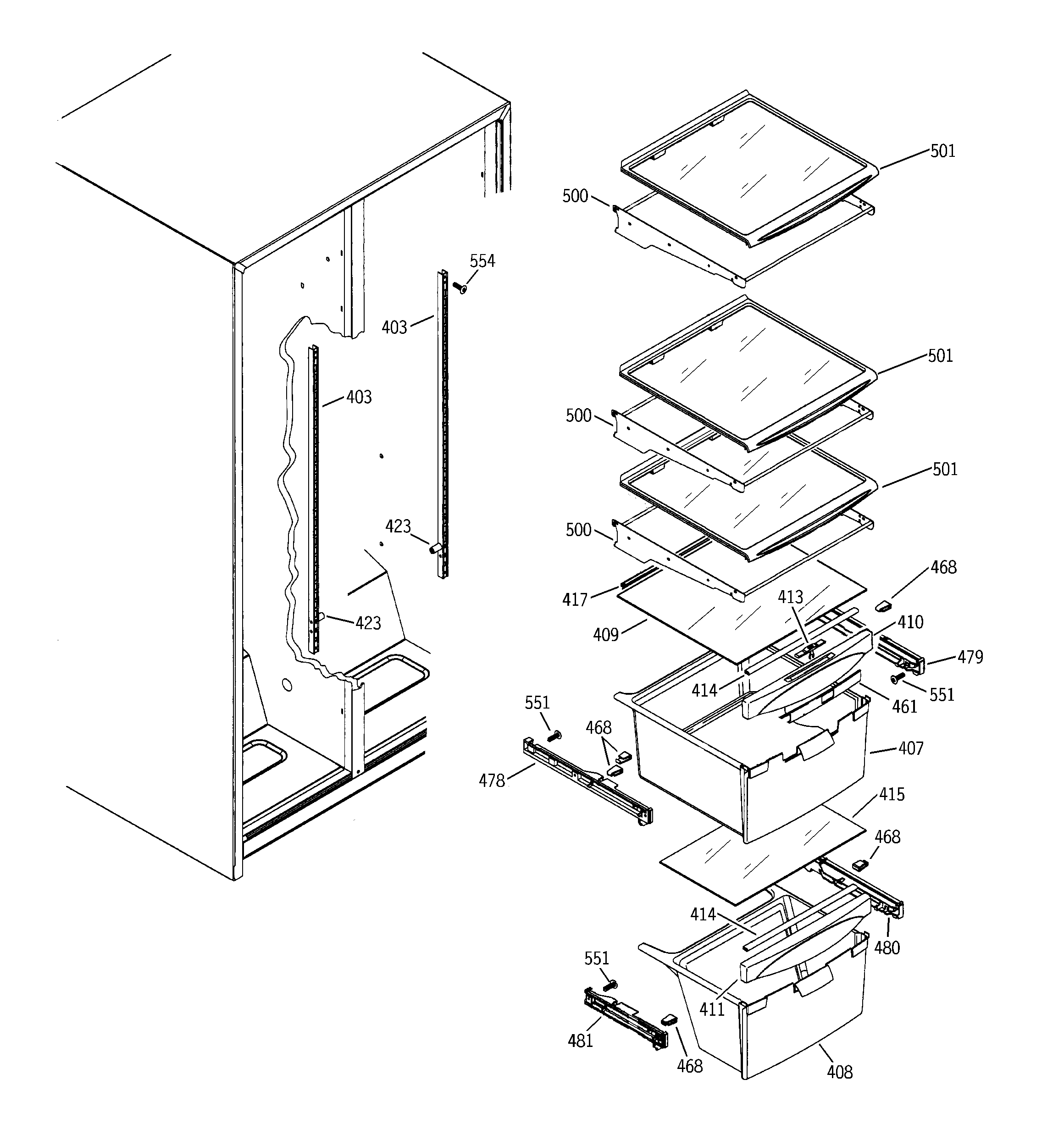 GE GSS25VFPDWW fresh food shelves diagram