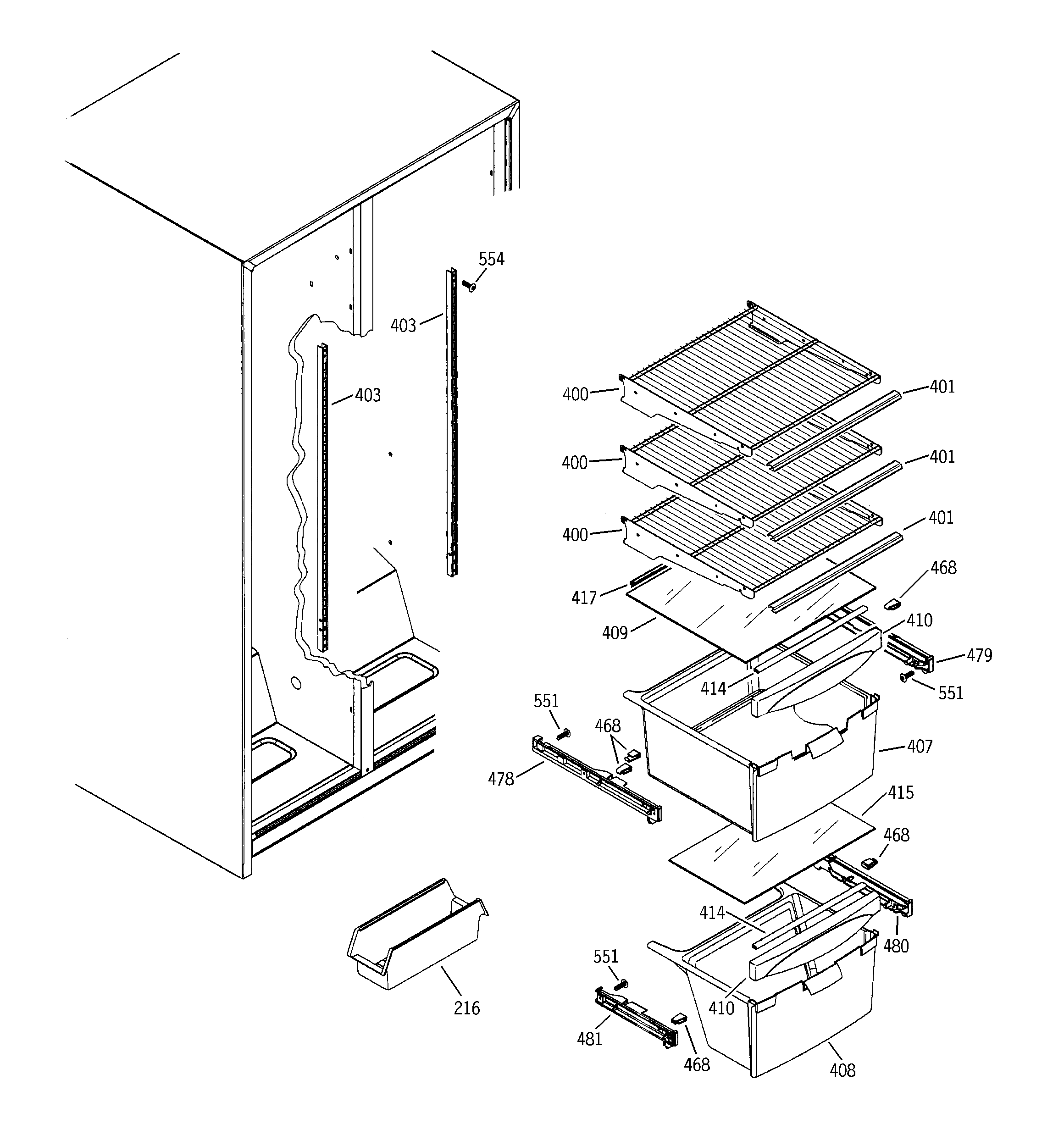 GE GST20DBPDWW fresh food shelves diagram