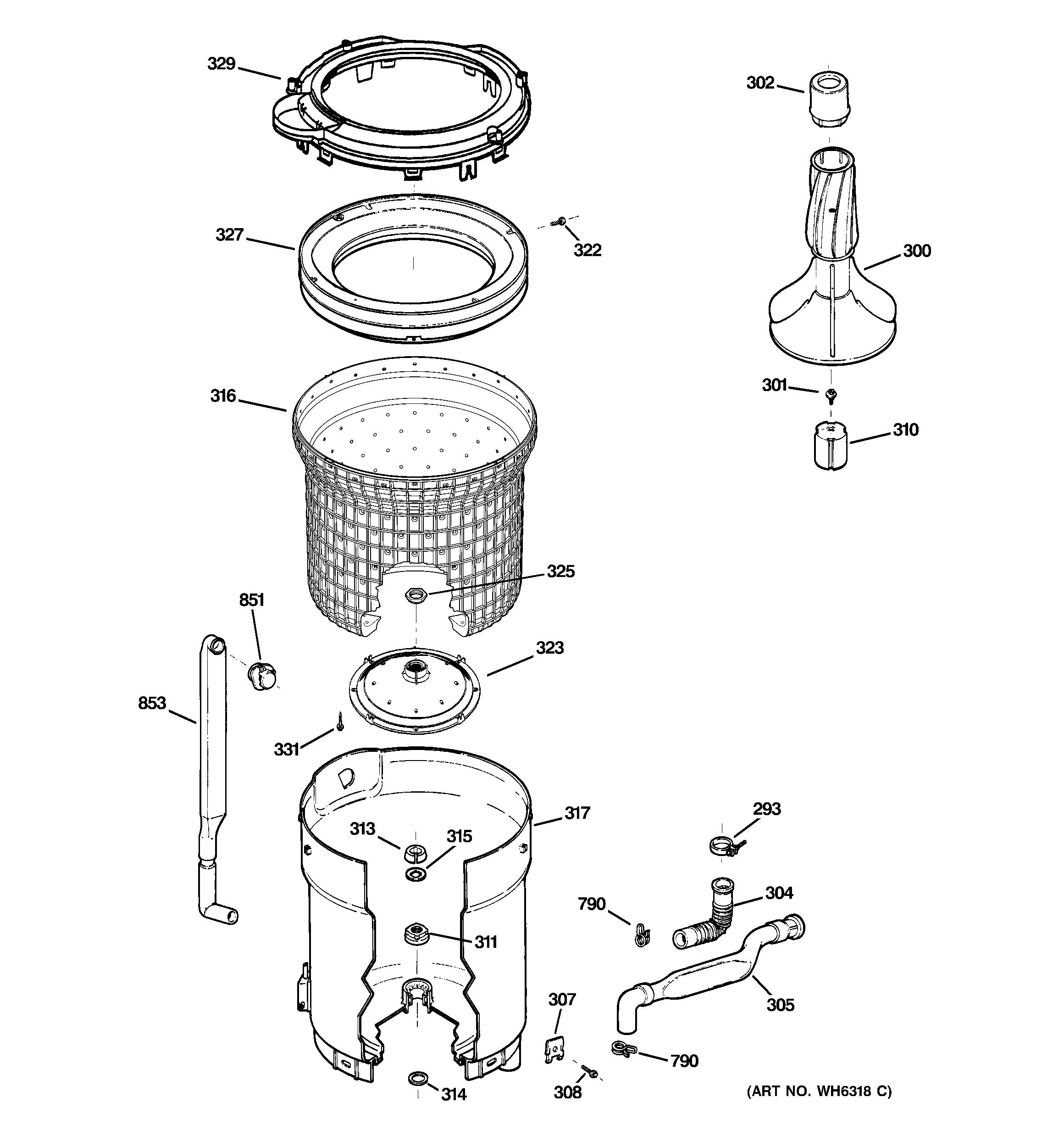 GE WBXR2090D0WW tub, basket & agitator diagram