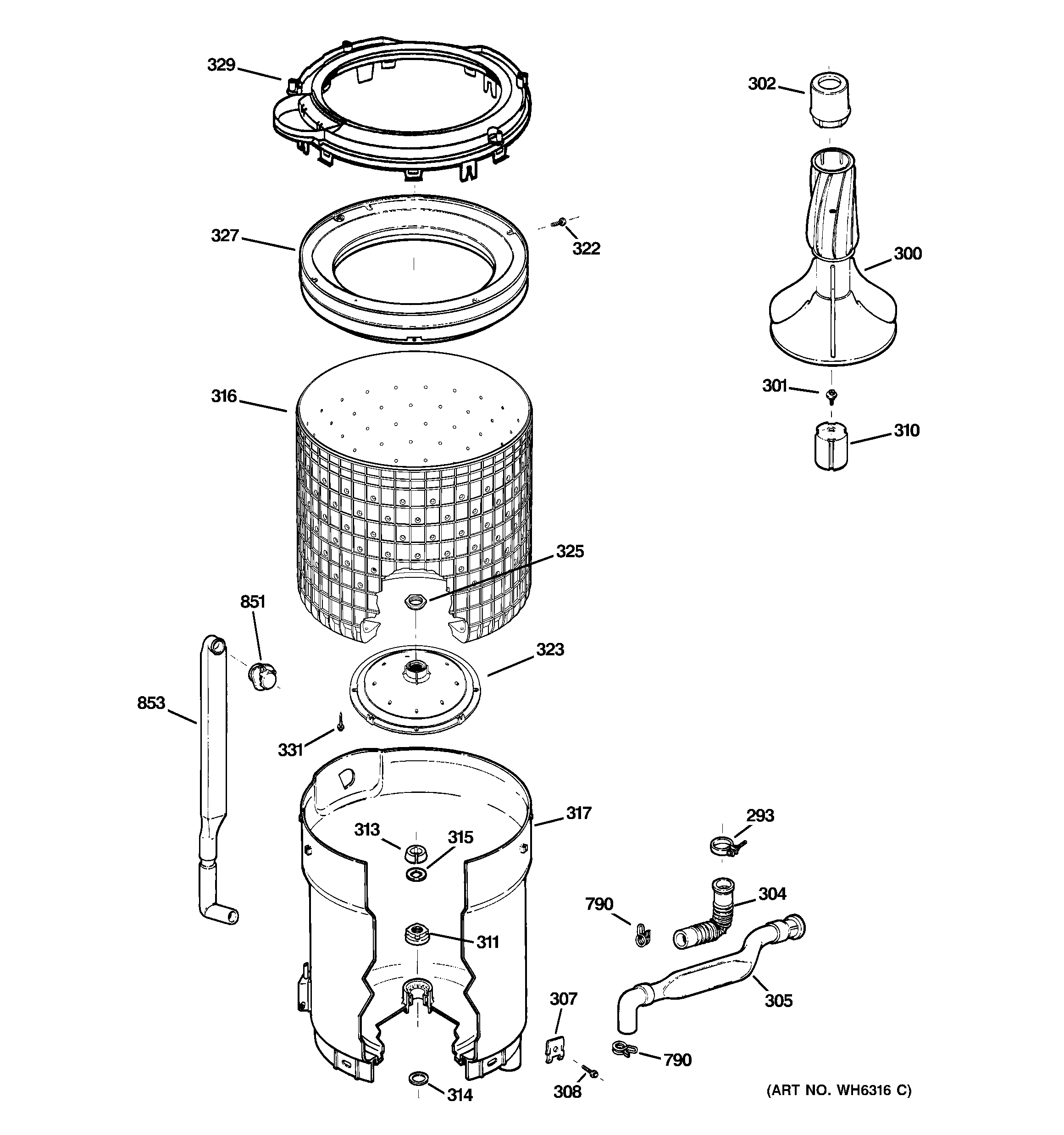 GE WDSR2080D0CC tub, basket & agitator diagram