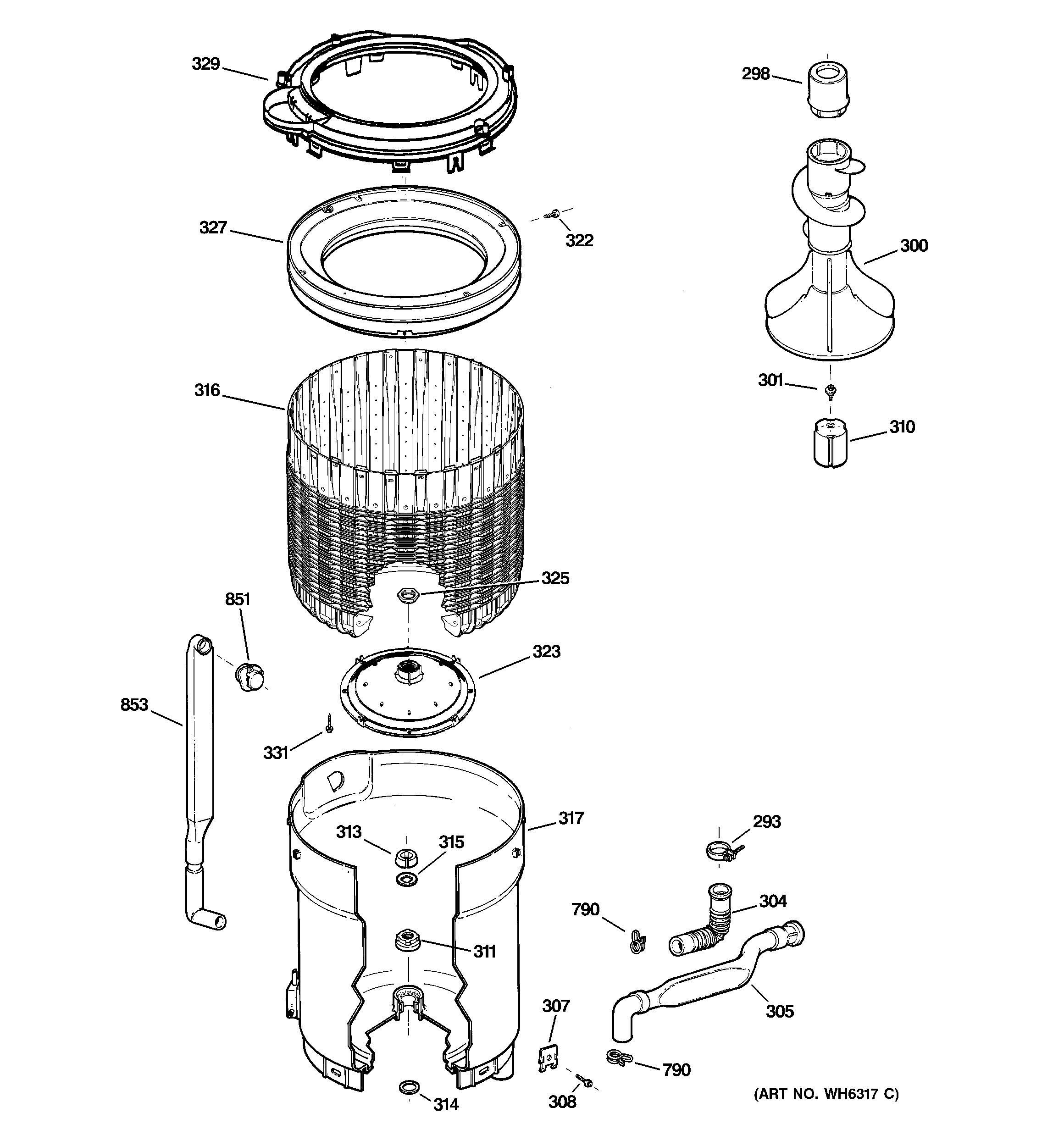 GE WWSE5240D0CC tub, basket & agitator diagram