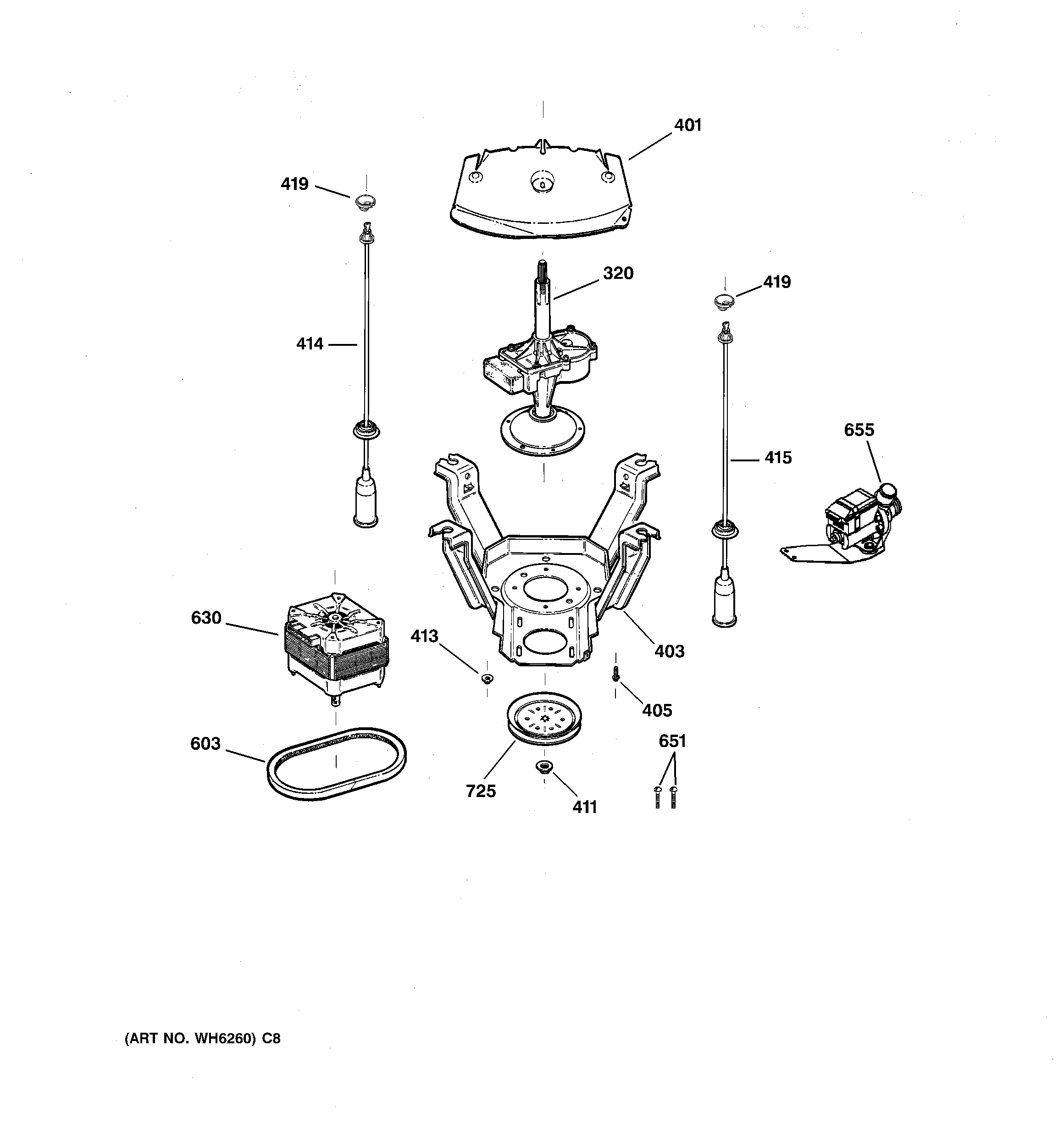 GE WWSE5240D0CC suspension, pump & drive components diagram