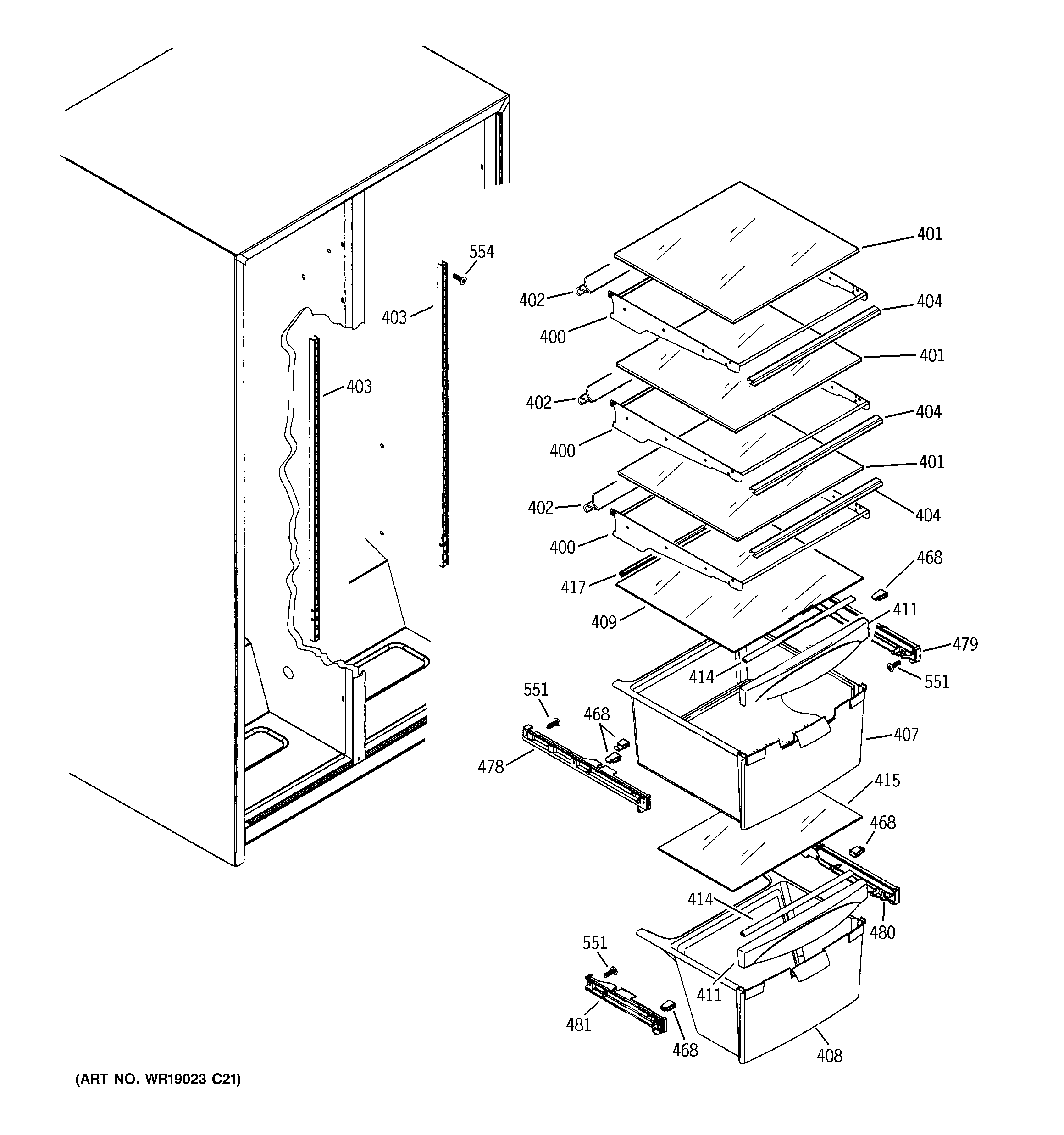 GE GST20IEPDCC fresh food shelves diagram