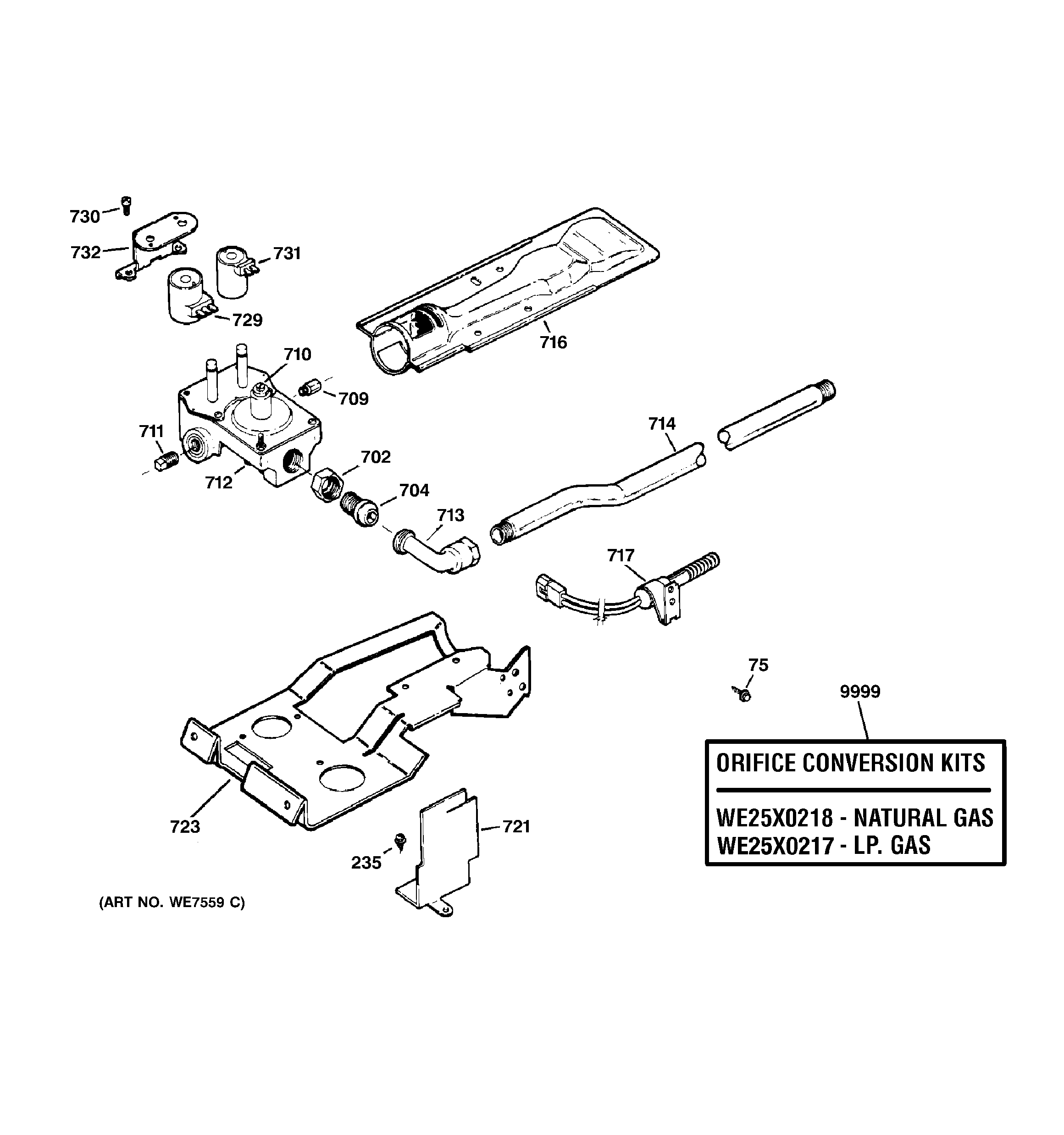 GE DPSB619GD0WW gas valve & burner assembly diagram