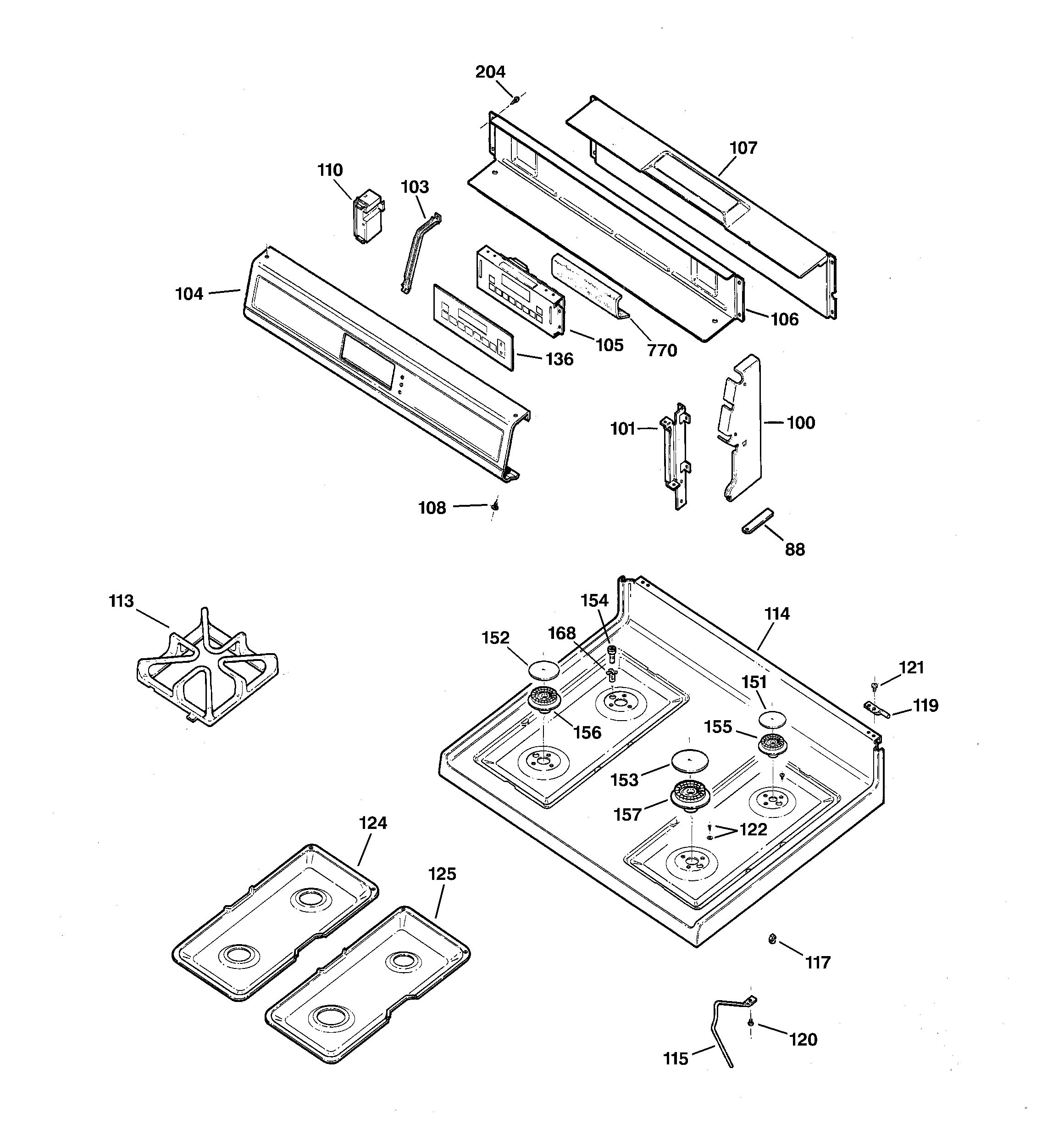 GE JGBP35DEH1BB control panel & cooktop diagram
