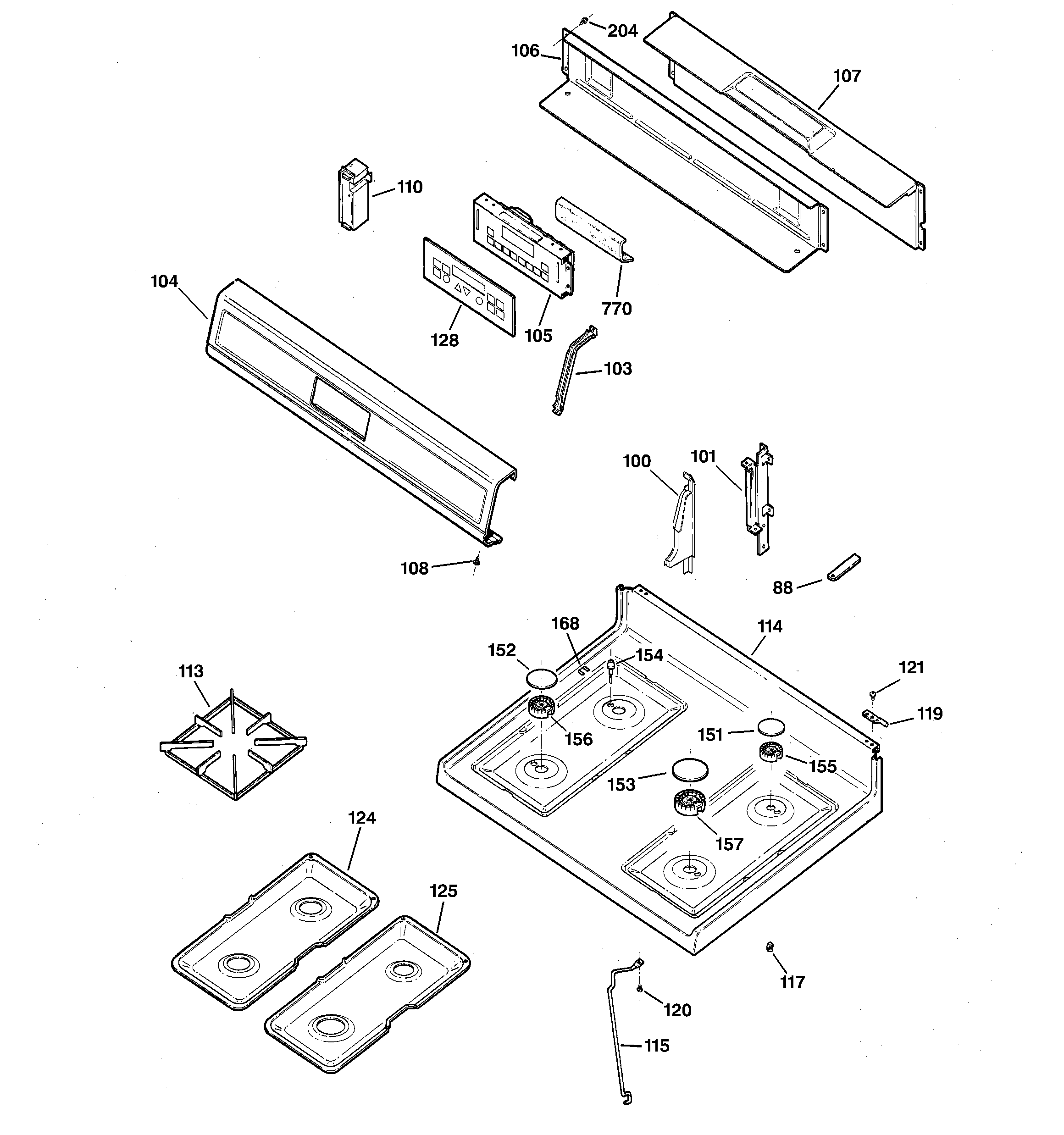 GE JGBP35GXH1WW control panel & cooktop diagram