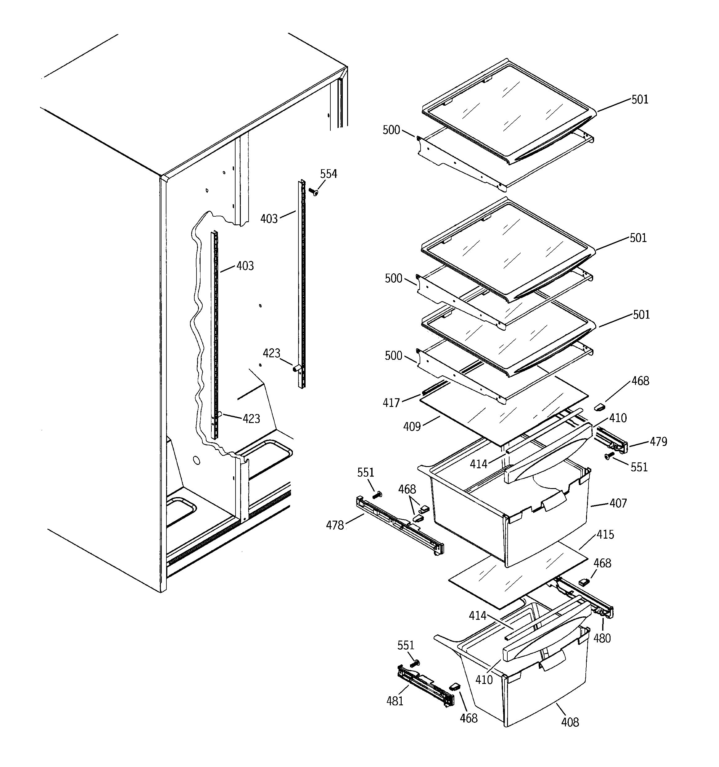 GE GSS25JEPCBB fresh food shelves diagram