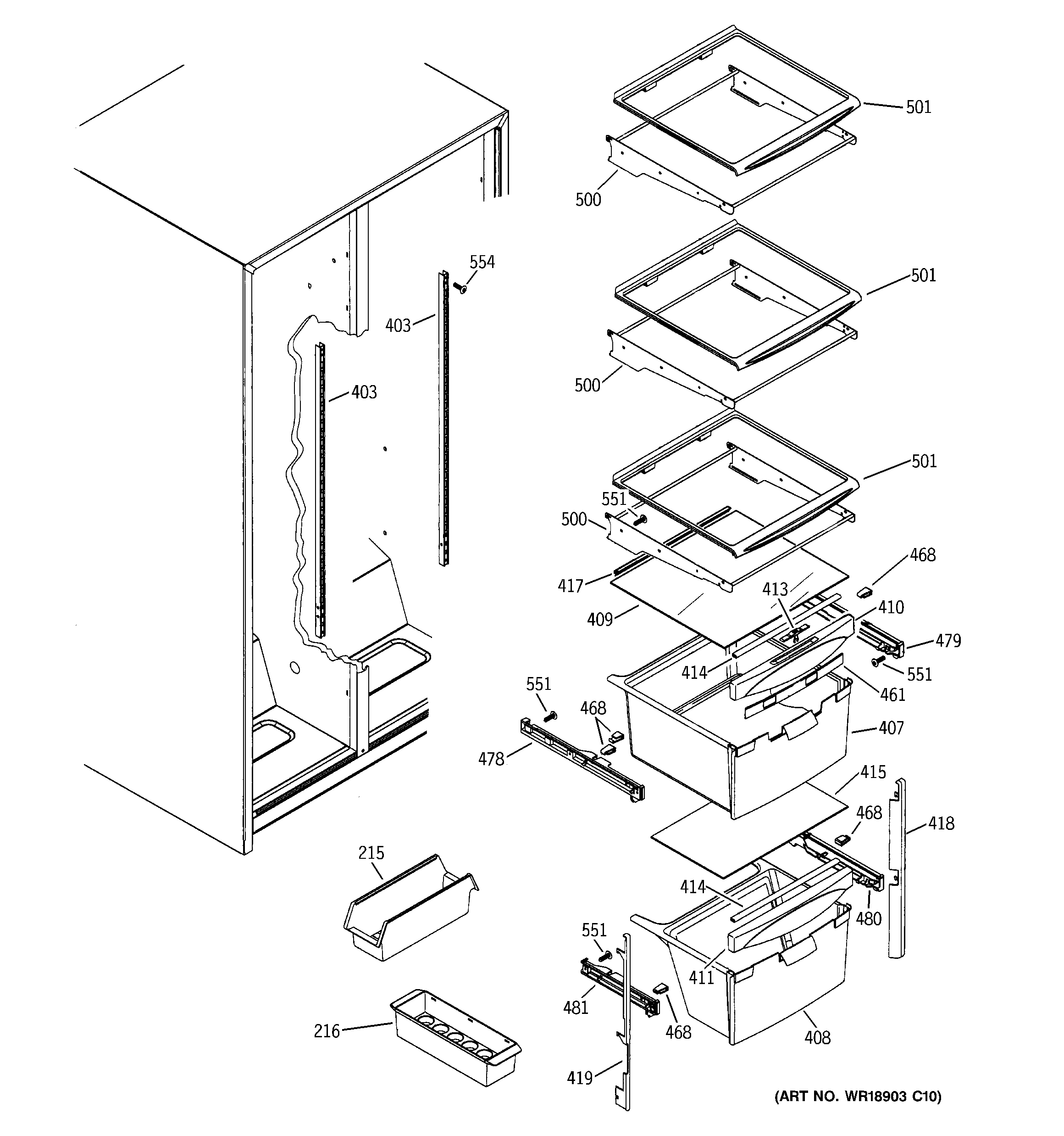 GE GSA22KBPCFWW fresh food shelves diagram