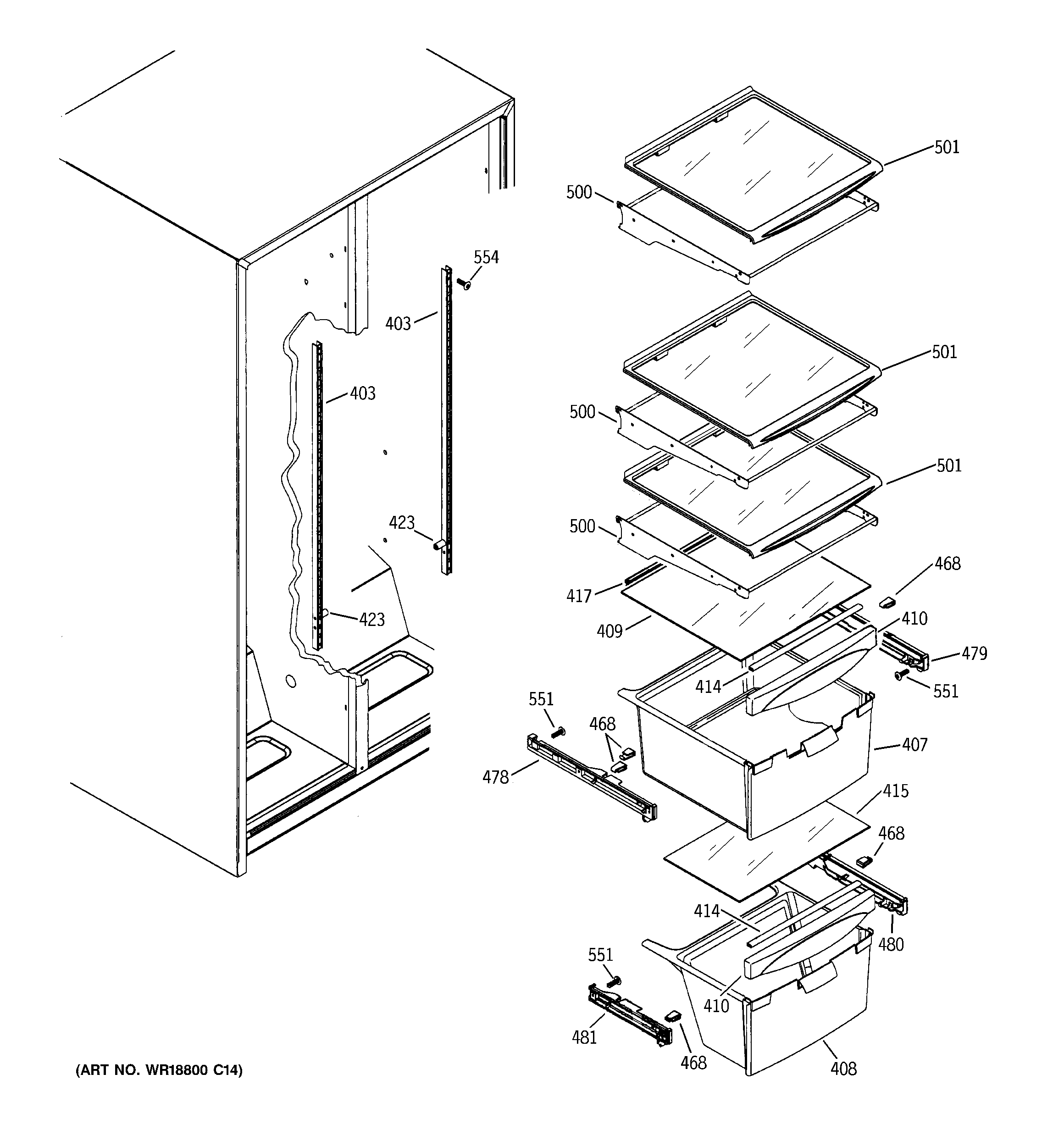 GE GST22JEPCWW fresh food shelves diagram