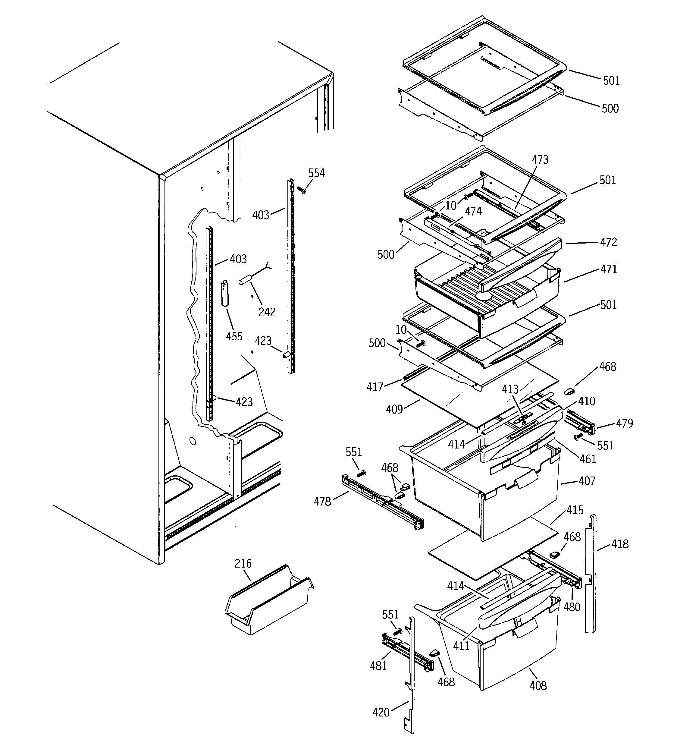 GE SSS25SGPCSS fresh food shelves diagram