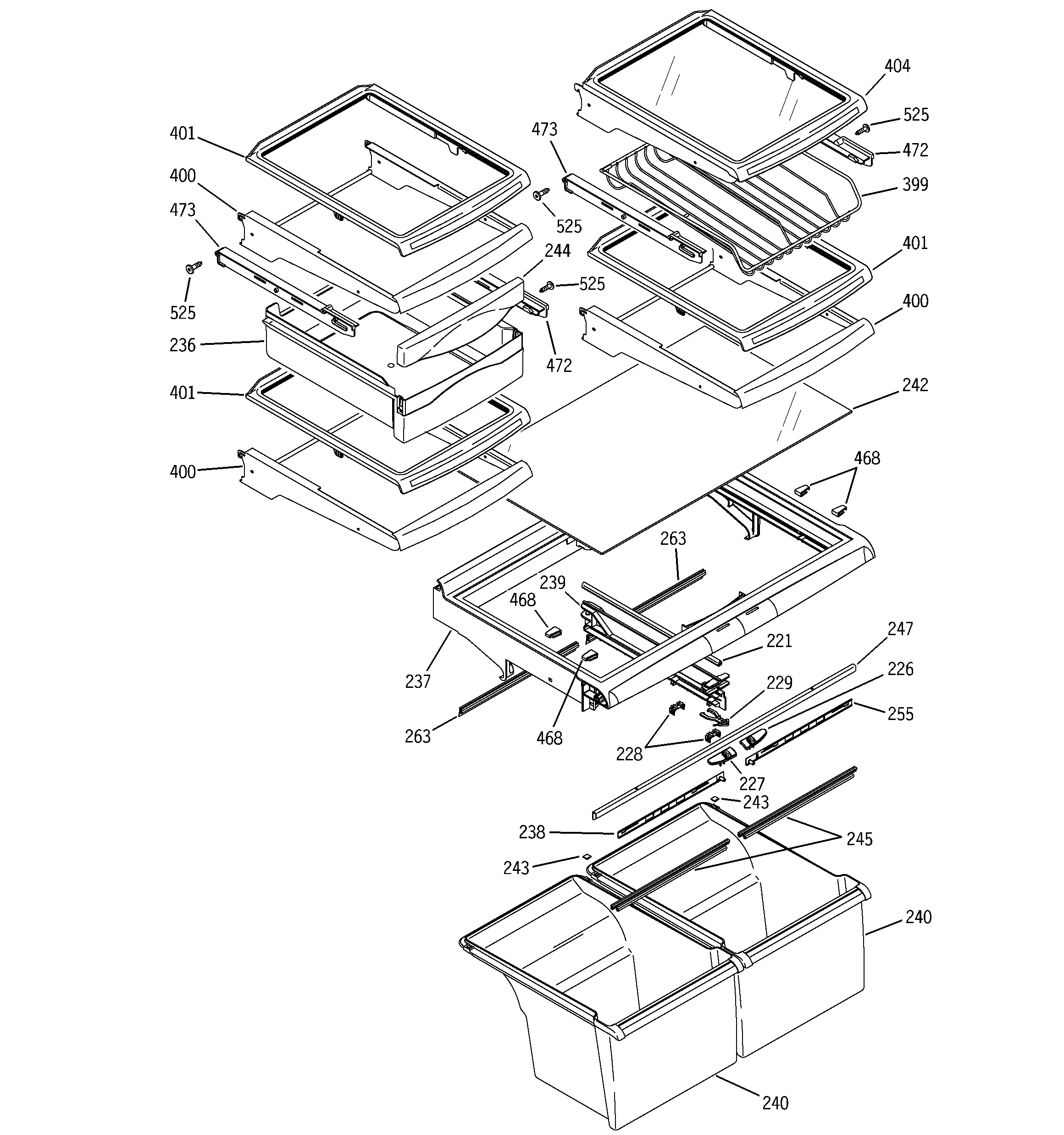 GE ETS22XBPARWW fresh food shelves diagram