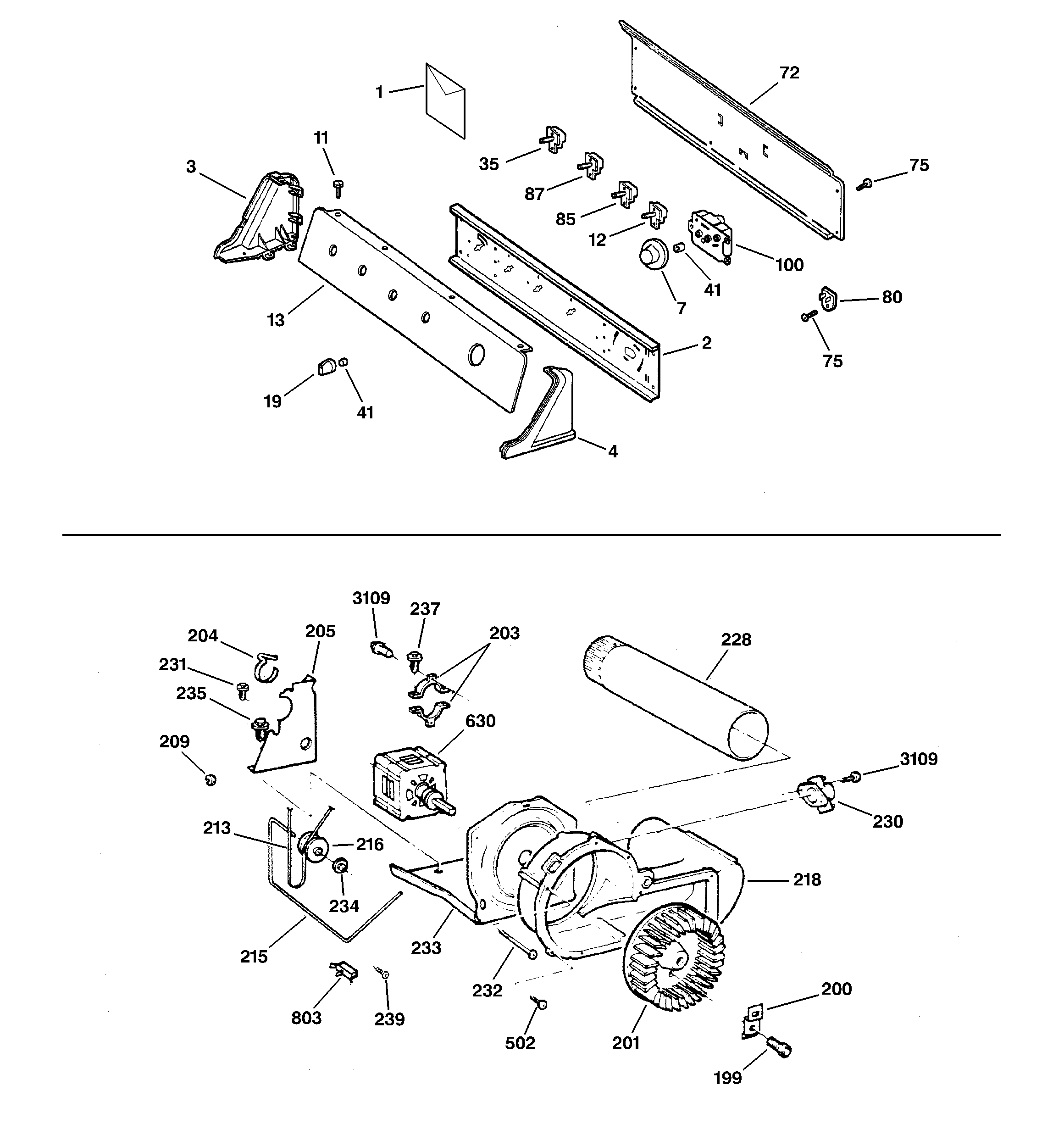 GE DWXR483EB2WW backsplash, blower & motor assembly diagram