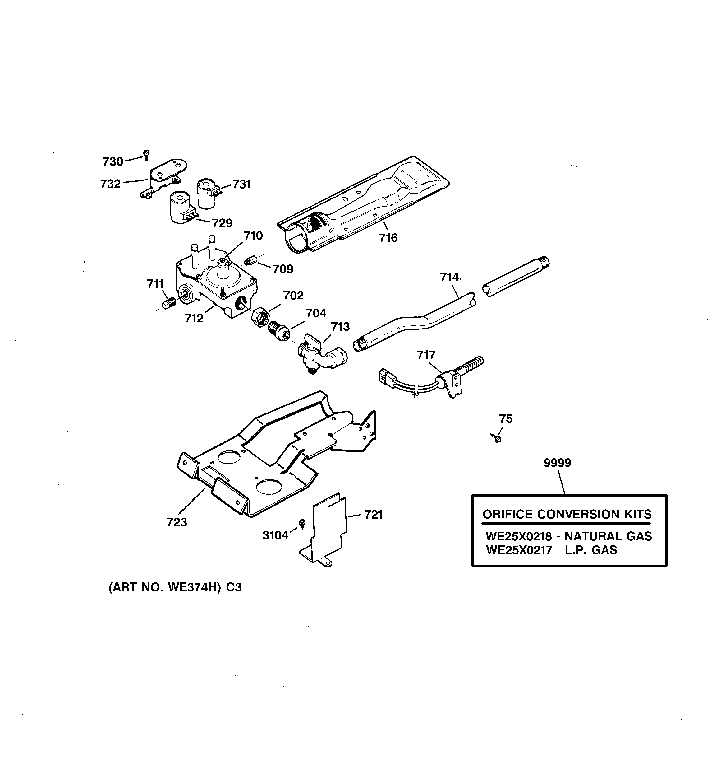 GE DX4500GA3WW gas valve & burner assembly diagram