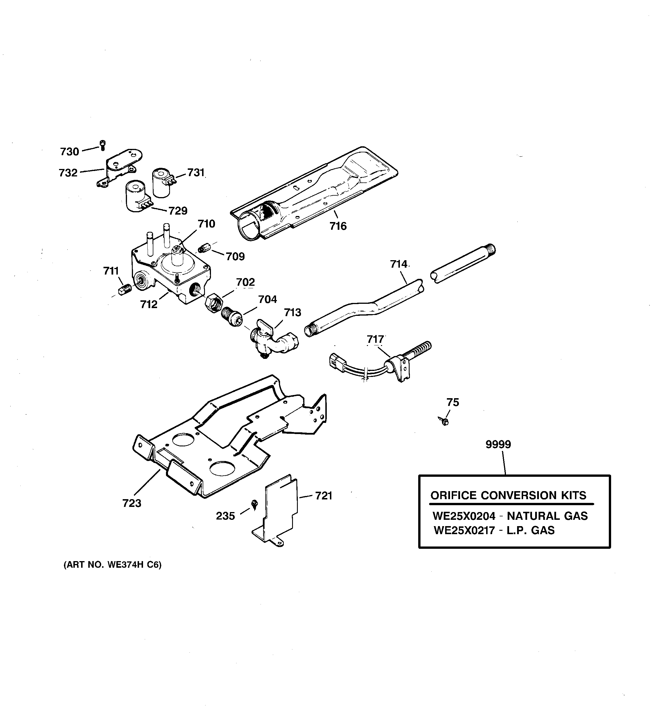 GE DWSR483GB1CC gas valve & burner assembly diagram