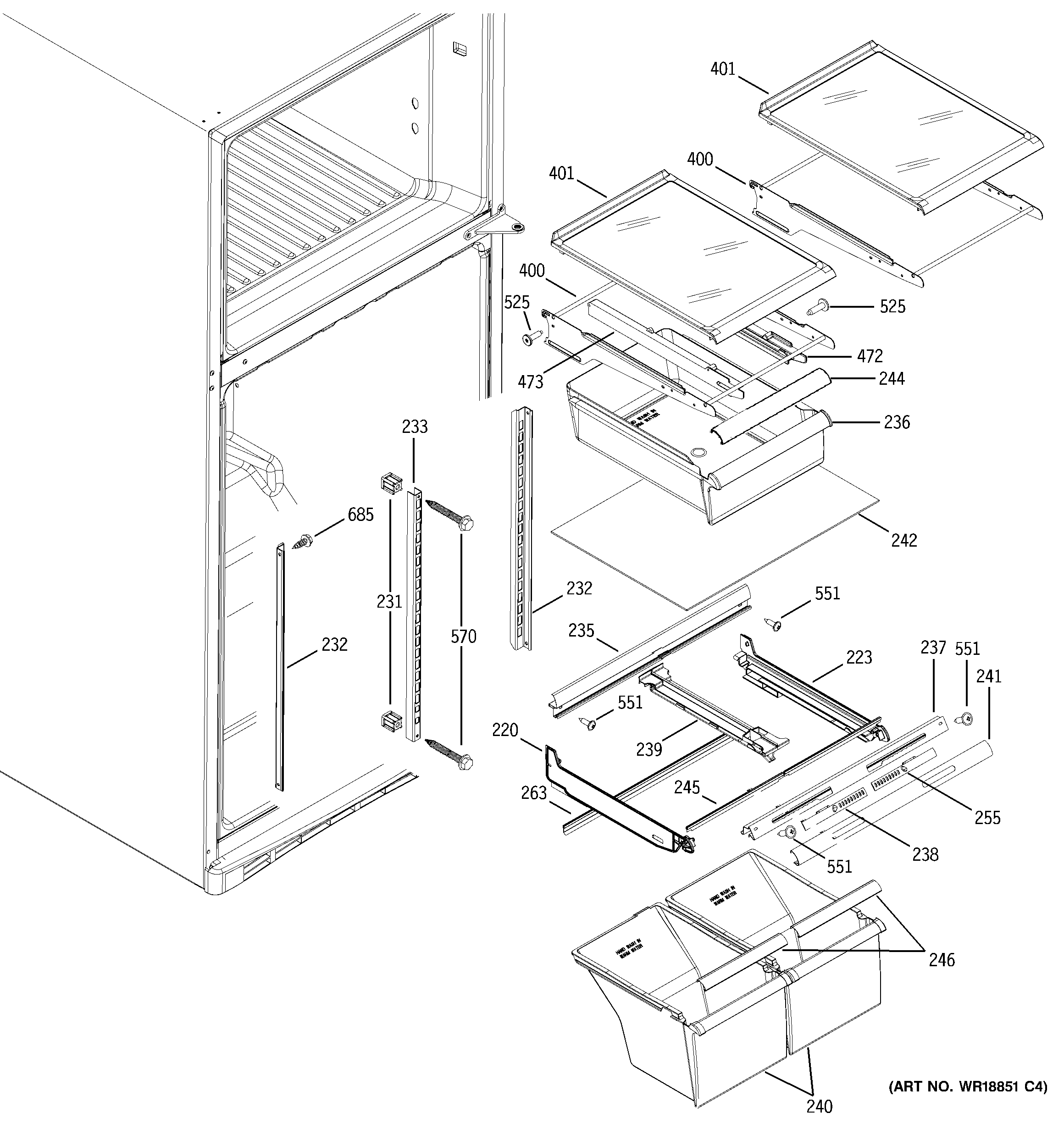GE ETS18XBPBRCC fresh food shelves diagram