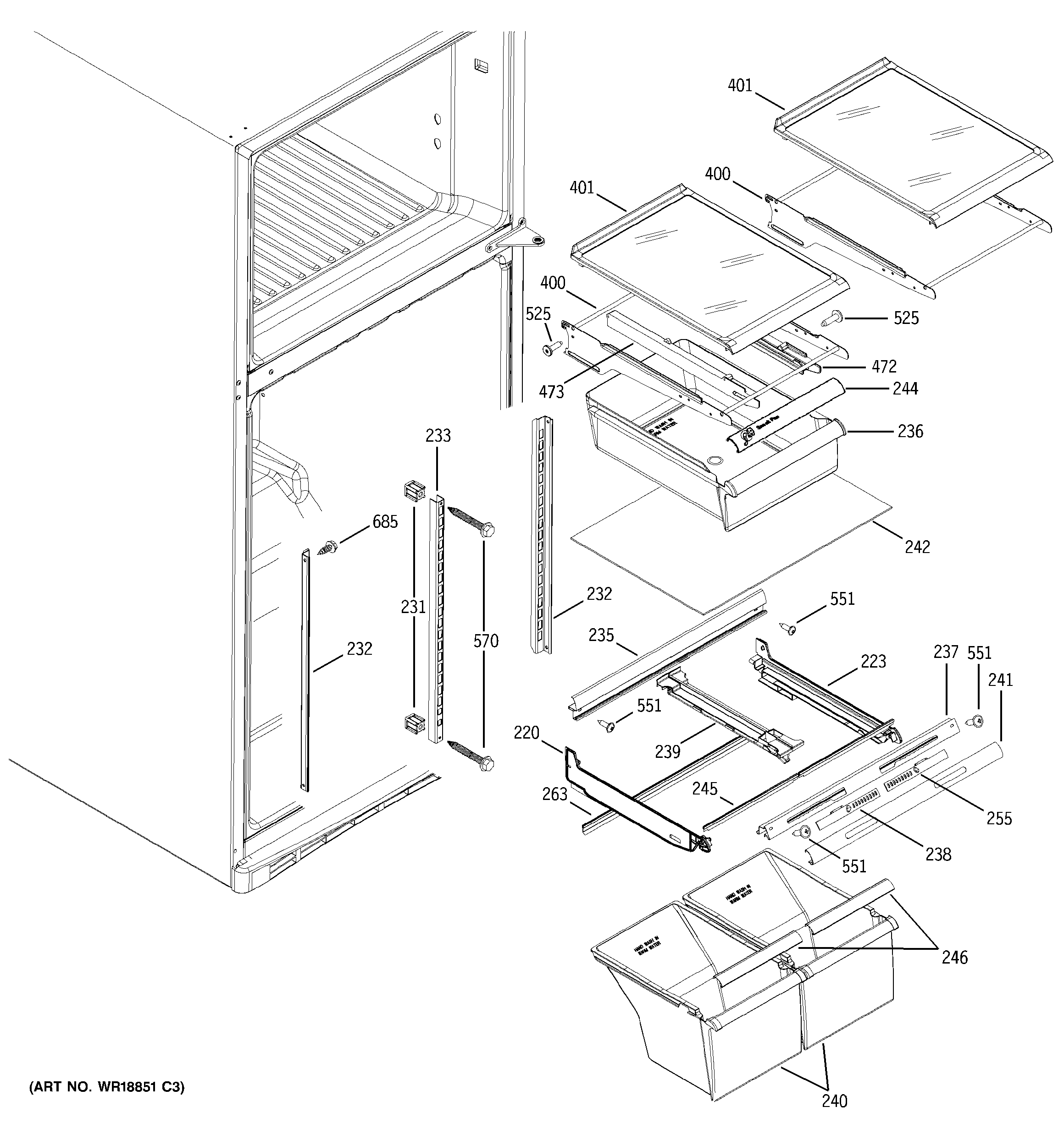 GE GTS18KBPBRCC fresh food shelves diagram