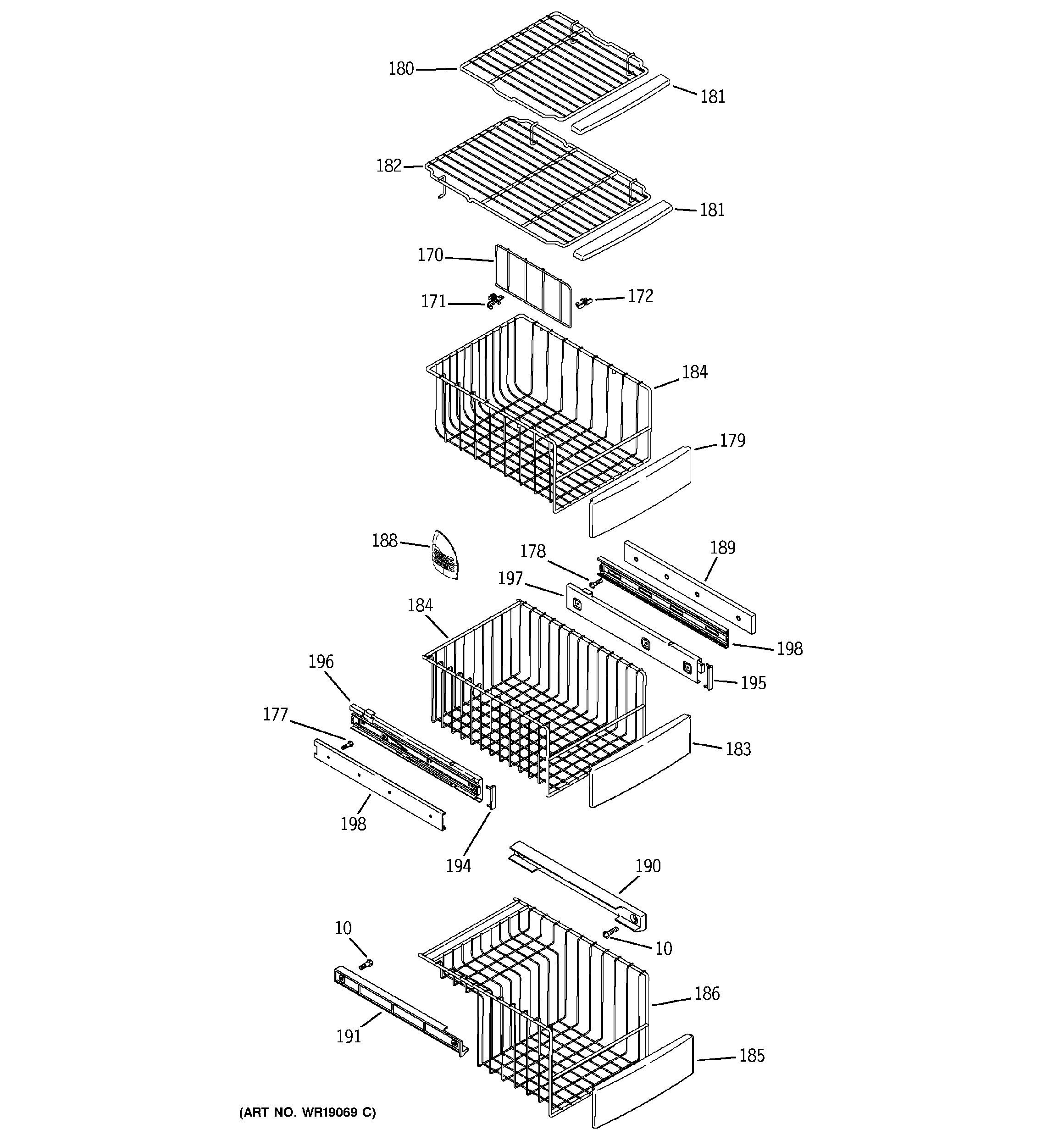 GE PSC23NHNAWW freezer shelves diagram