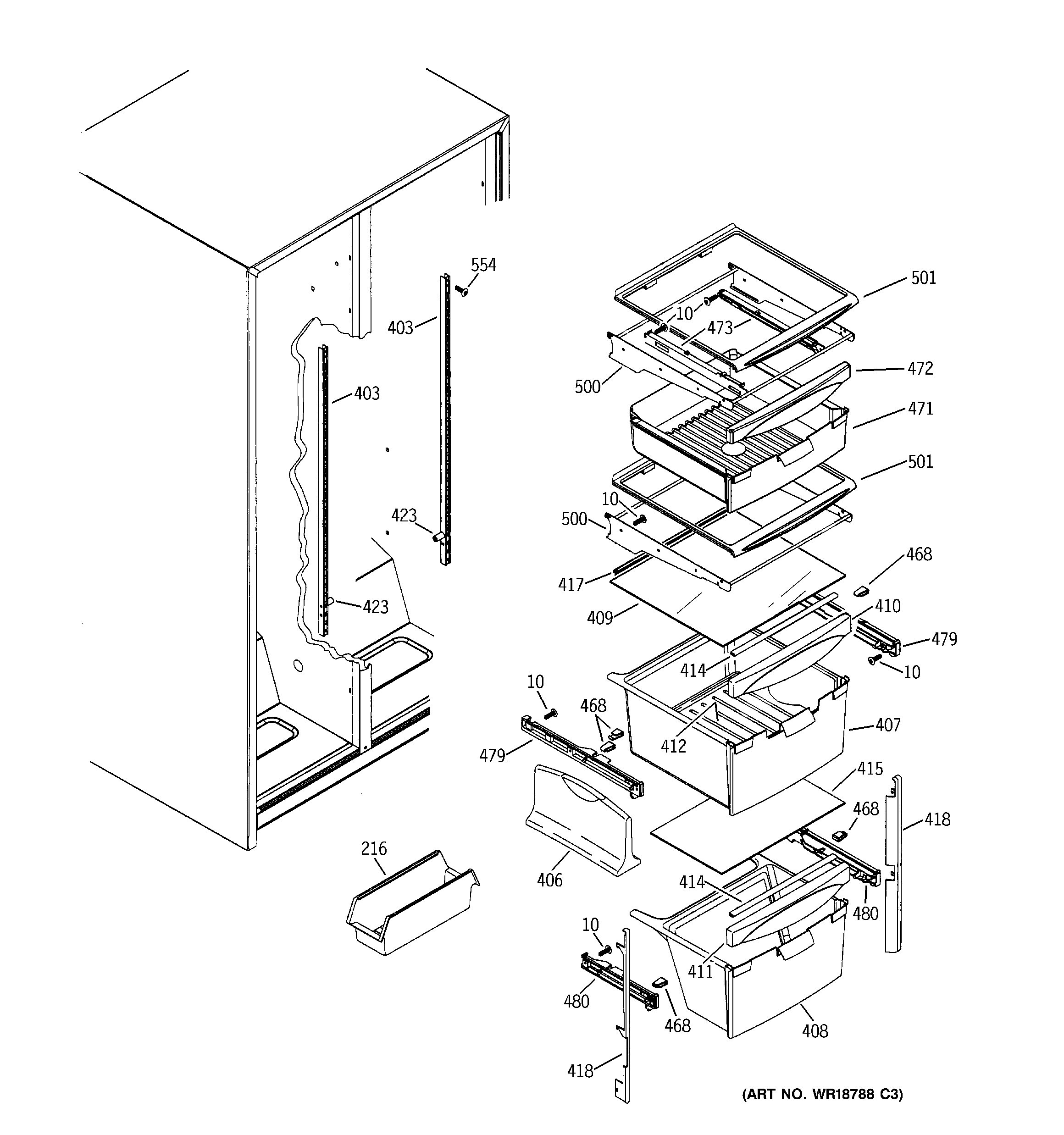 GE GSS25UFMABB fresh food shelves diagram