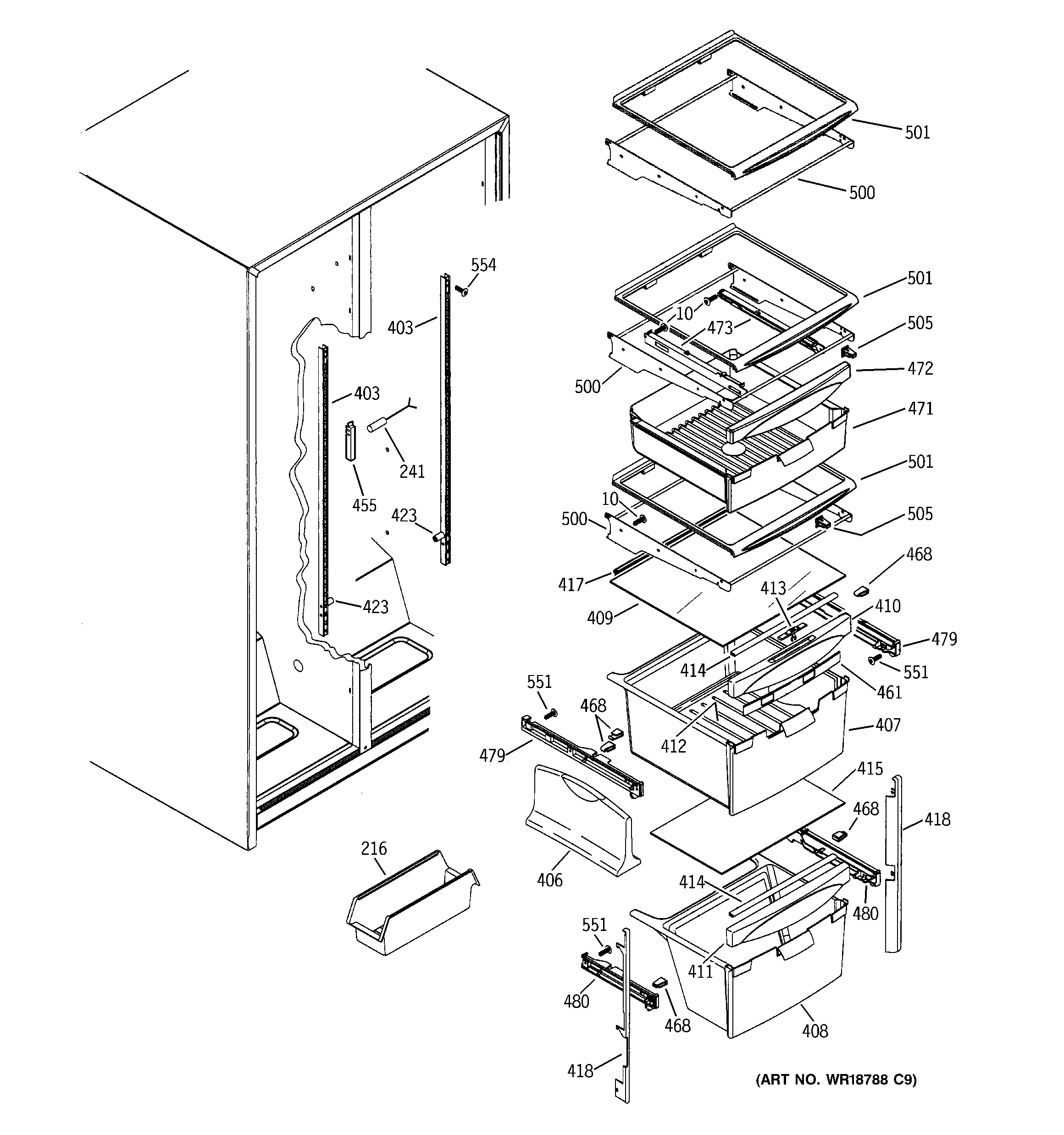 GE GSS25VGMCCC fresh food shelves diagram