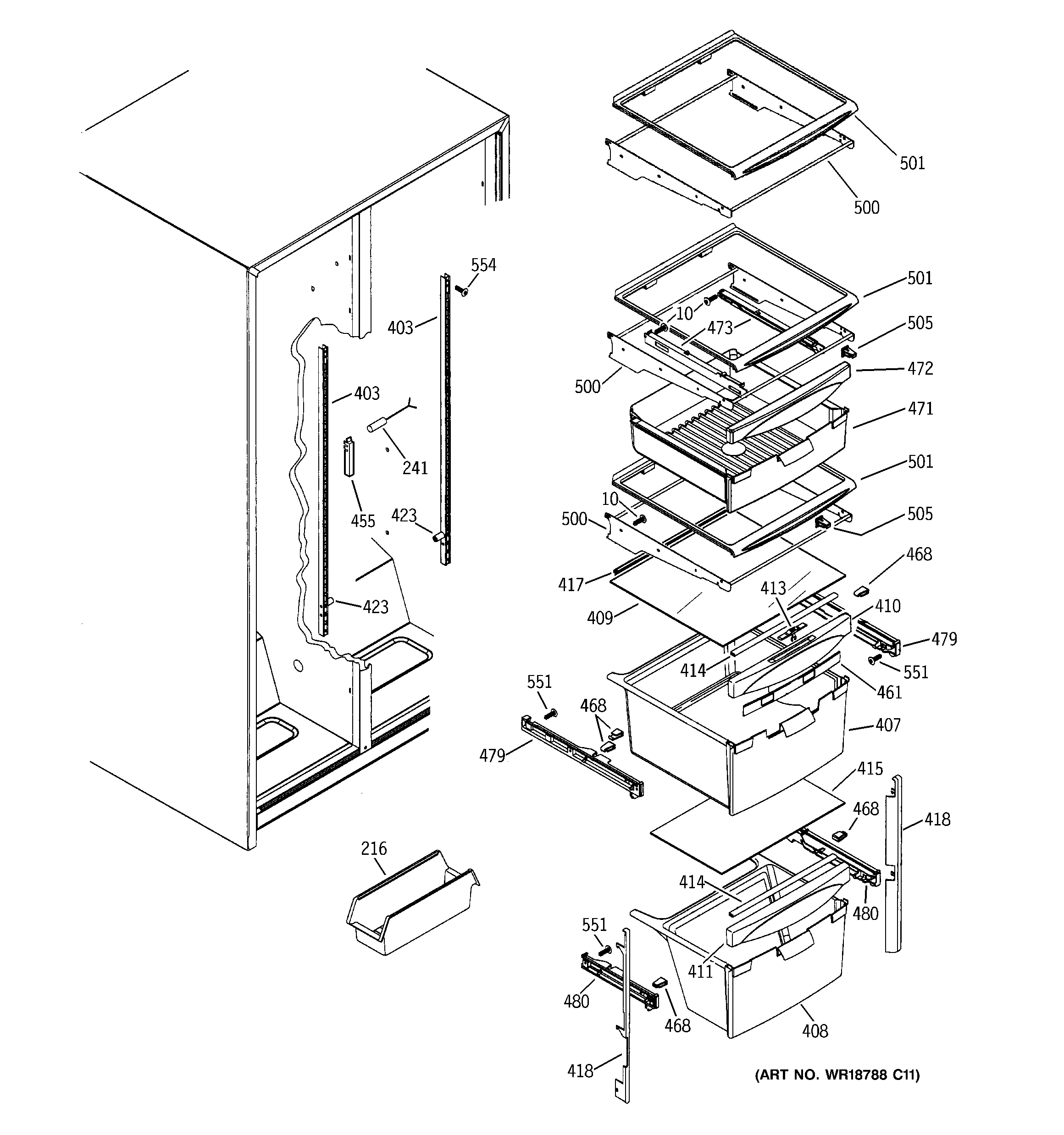 GE GSS25WGMCBB fresh food shelves diagram
