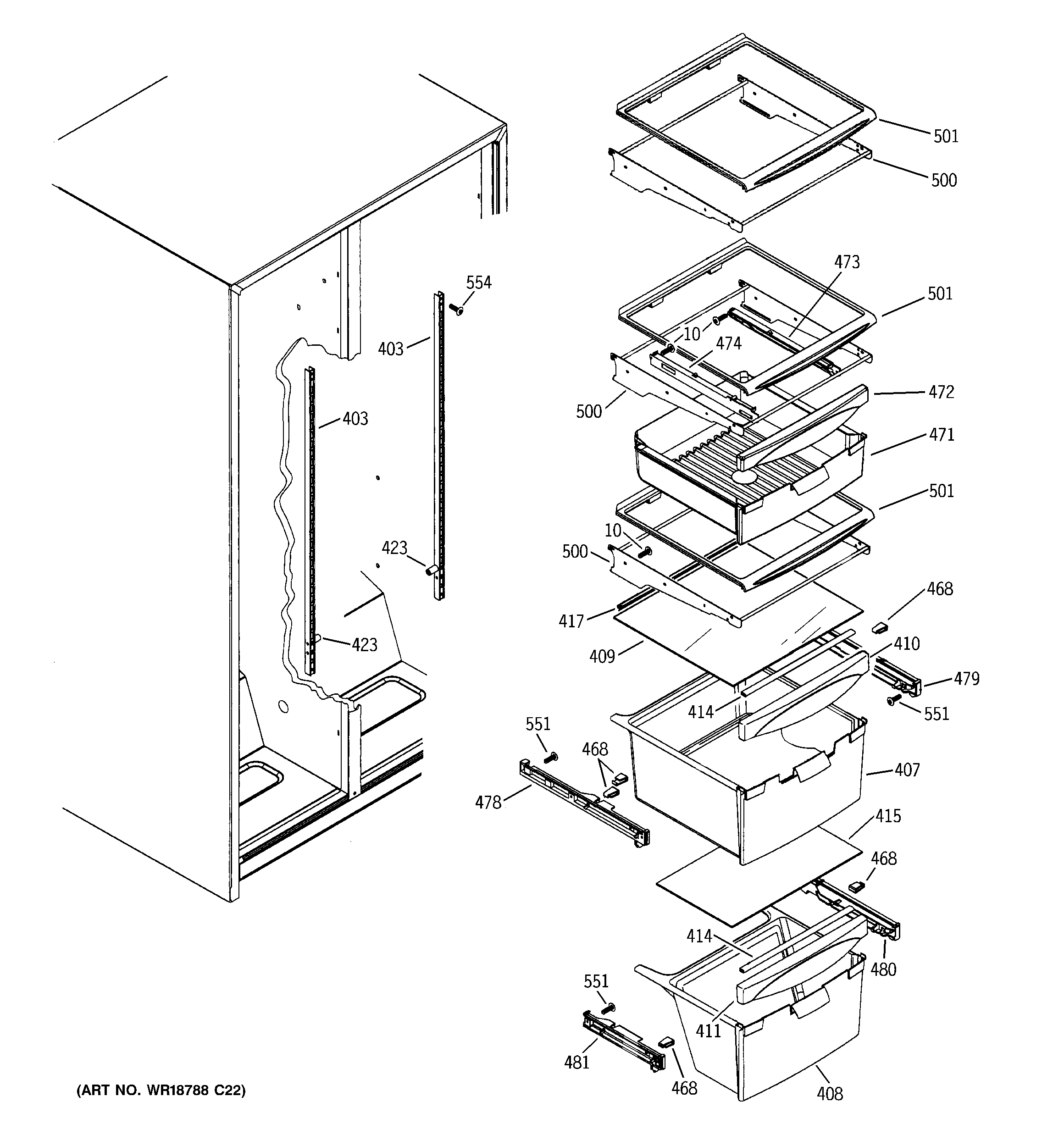 GE SSL25KFPDBS fresh food shelves diagram
