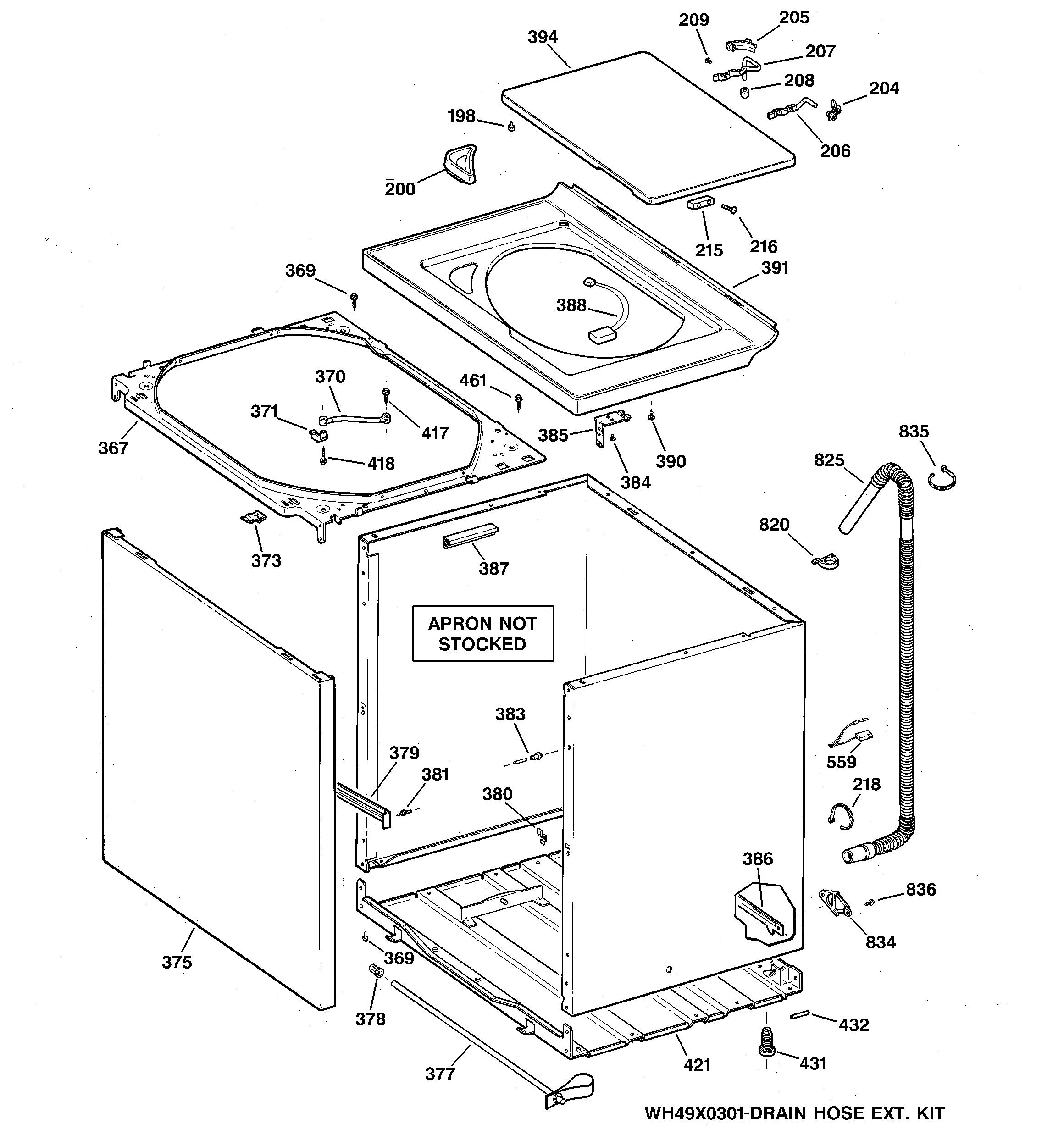 GE WHSE5240D0CC cabinet, cover & front panel diagram