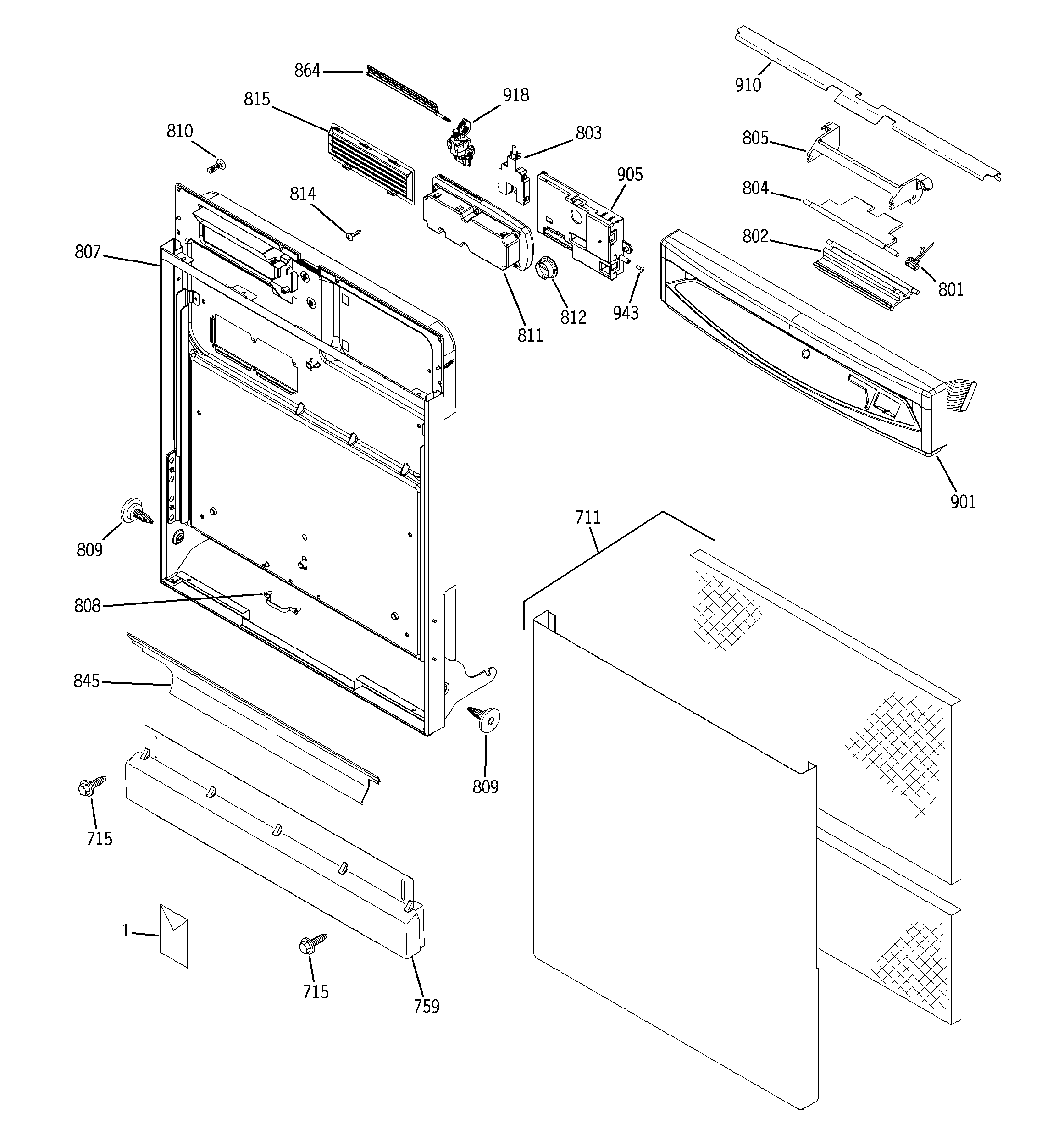 GE EDW4000G02BB escutcheon & door assembly diagram