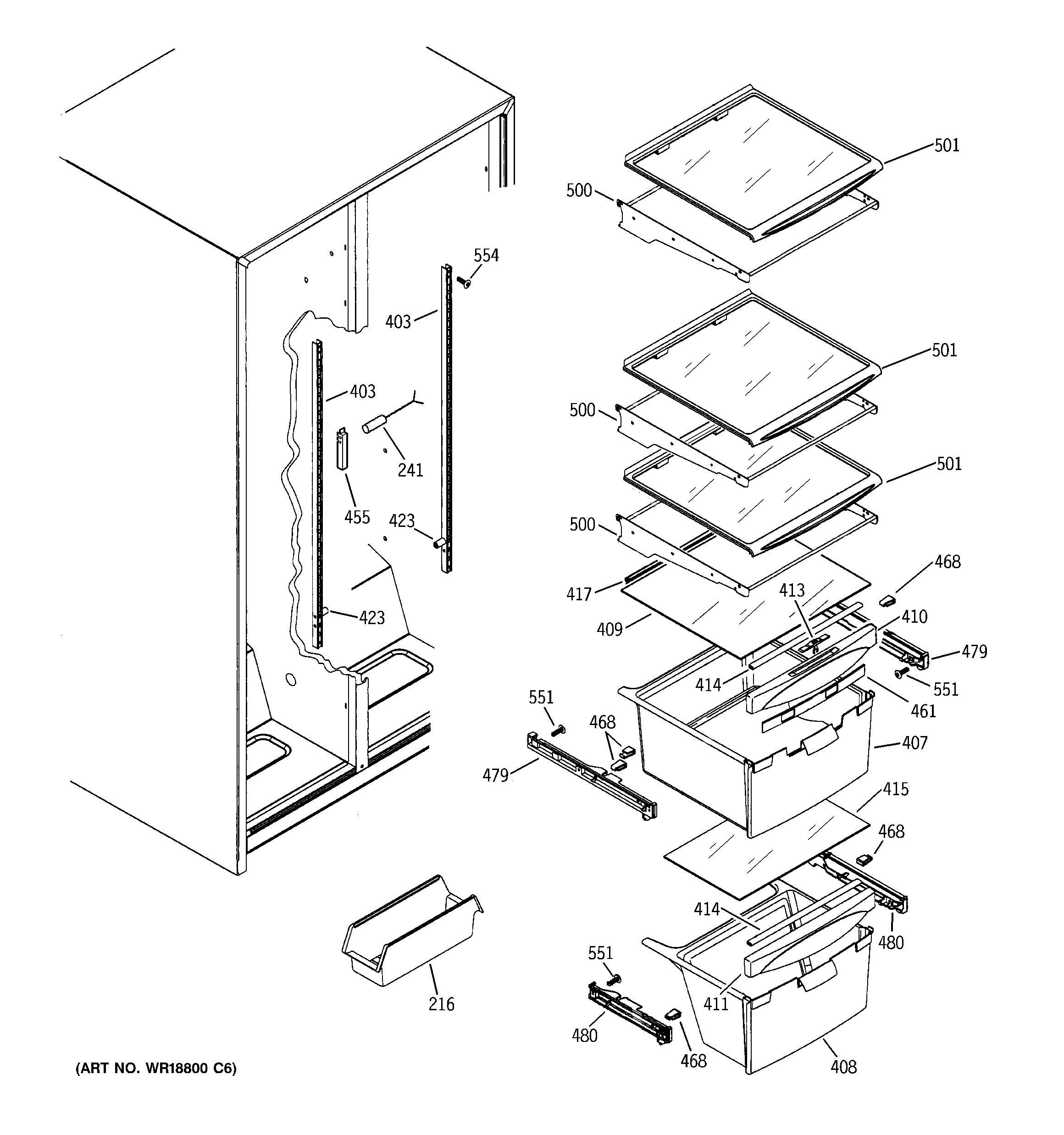 GE DSS25PFMCWW fresh food shelves diagram
