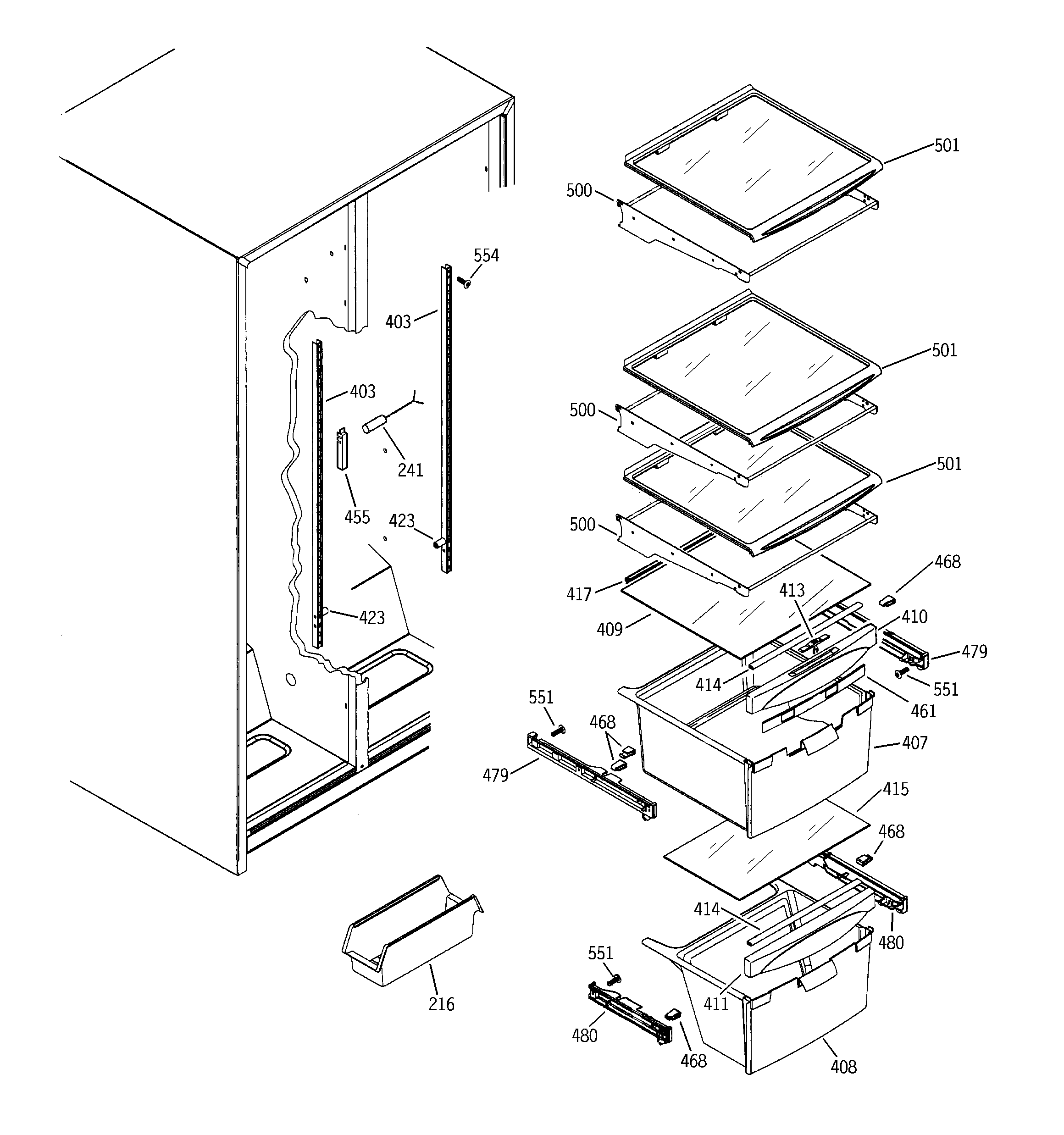 GE DSS25PFMDWW fresh food shelves diagram