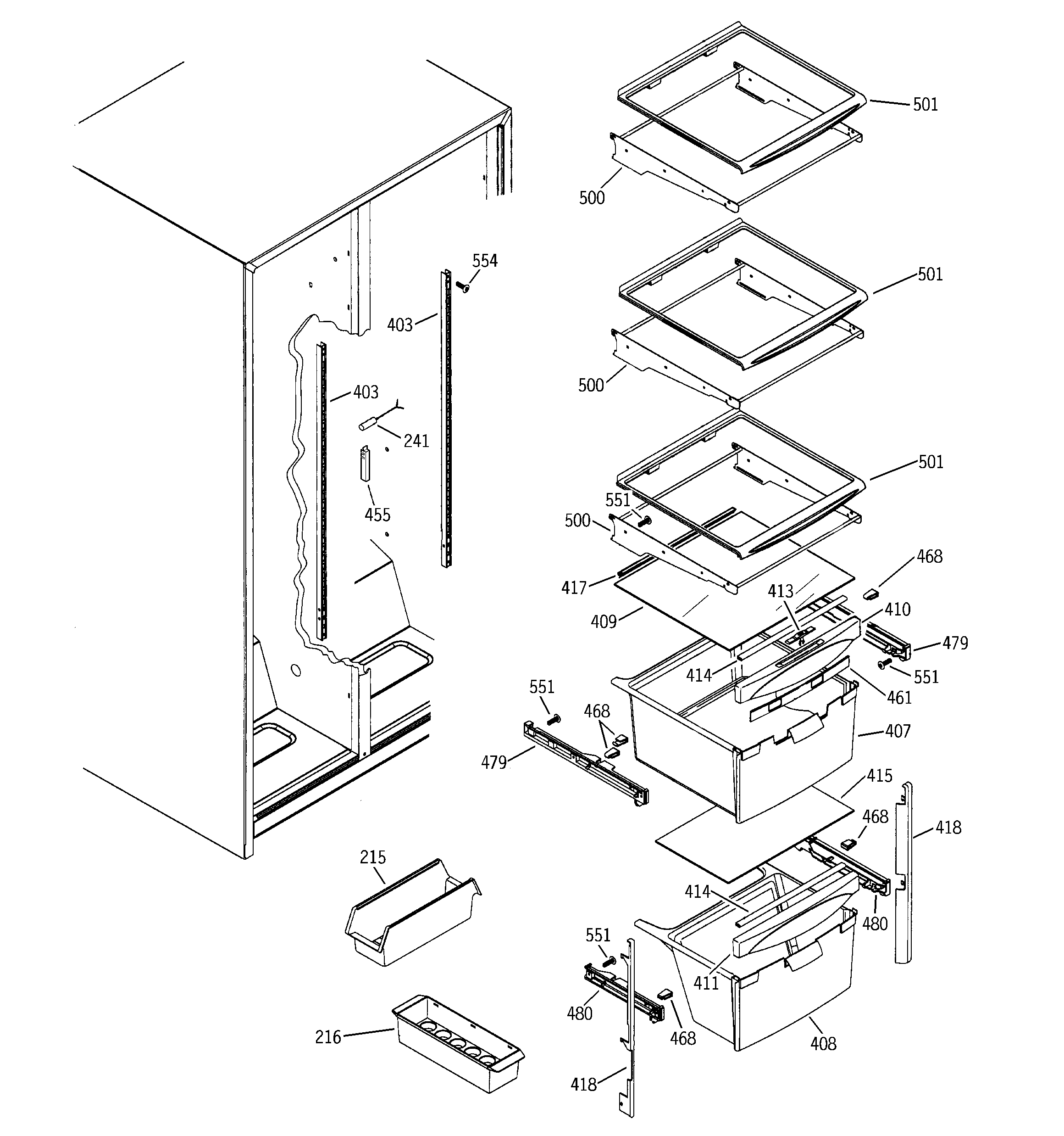 GE GSA22KBMDFBB fresh food shelves diagram