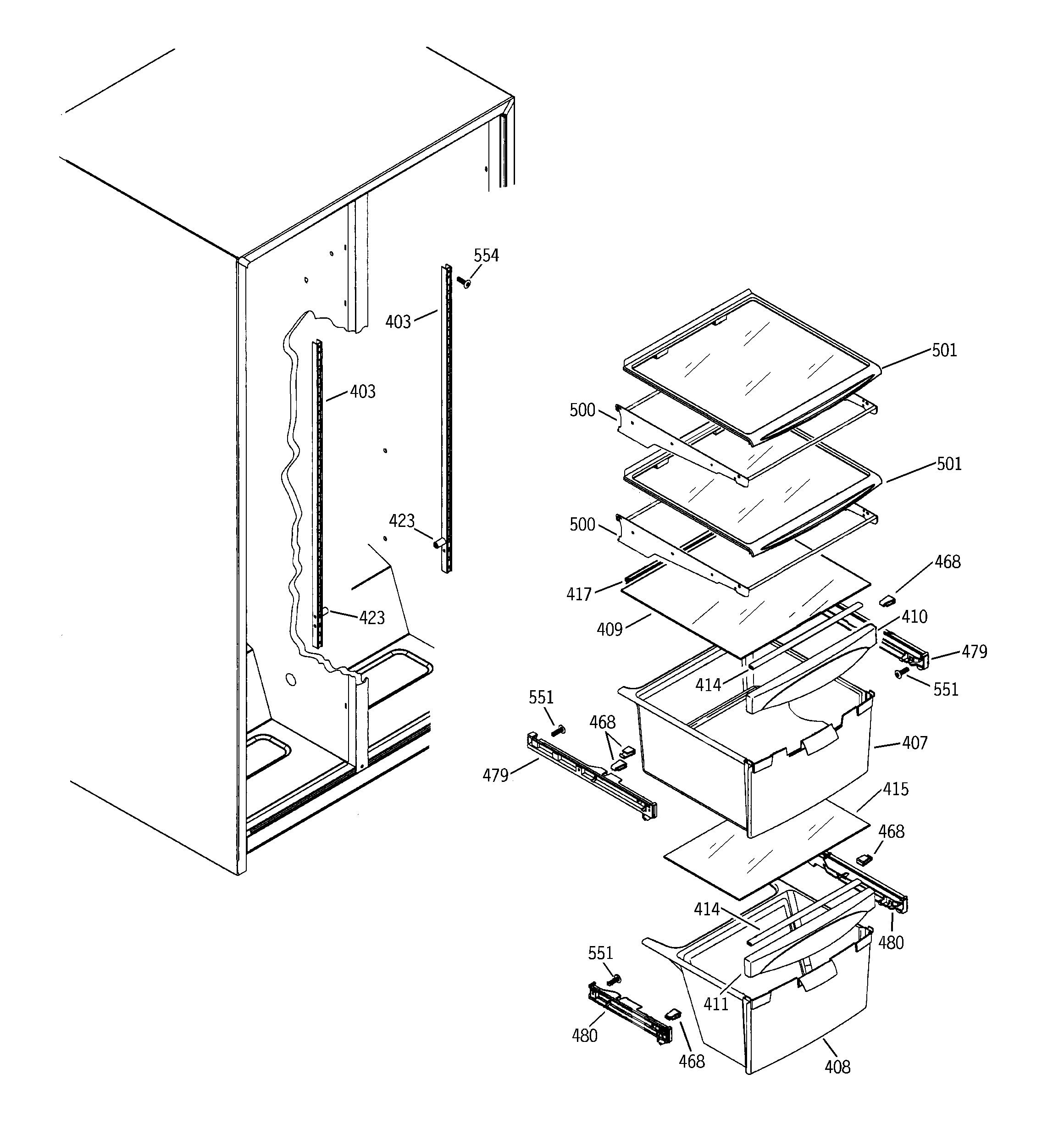 GE GSS25JFMCWW fresh food shelves diagram