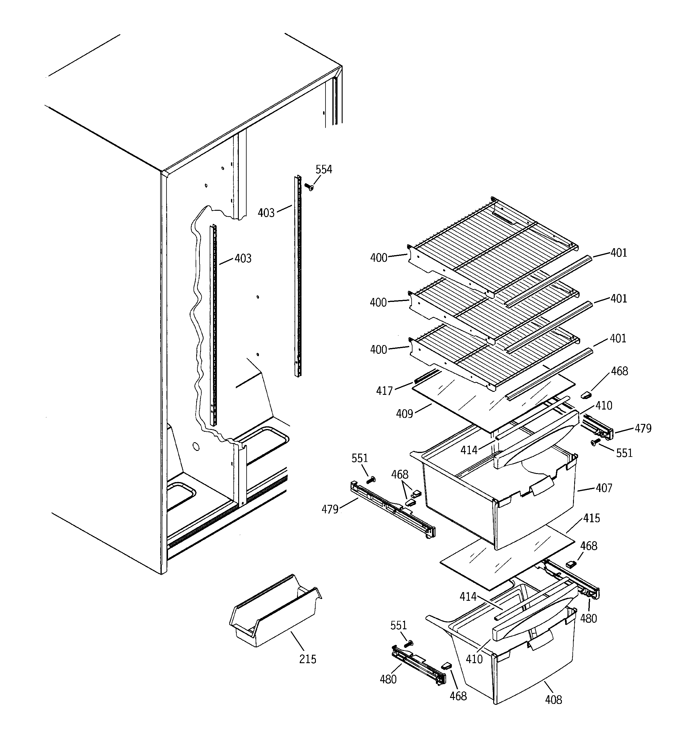 GE GSS20DBMBCC fresh food shelves diagram