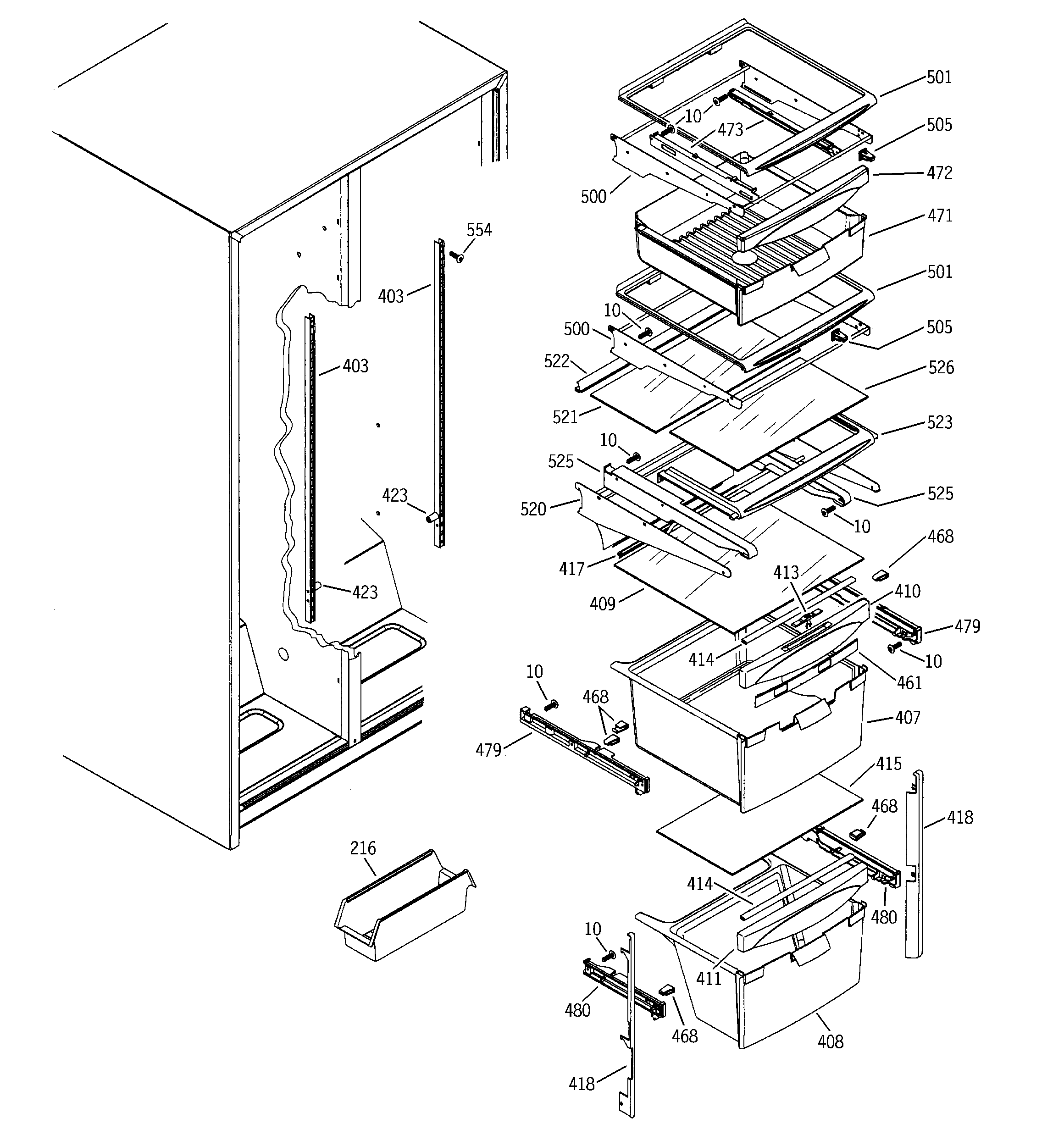 GE GSS22KGMBWW fresh food shelves diagram