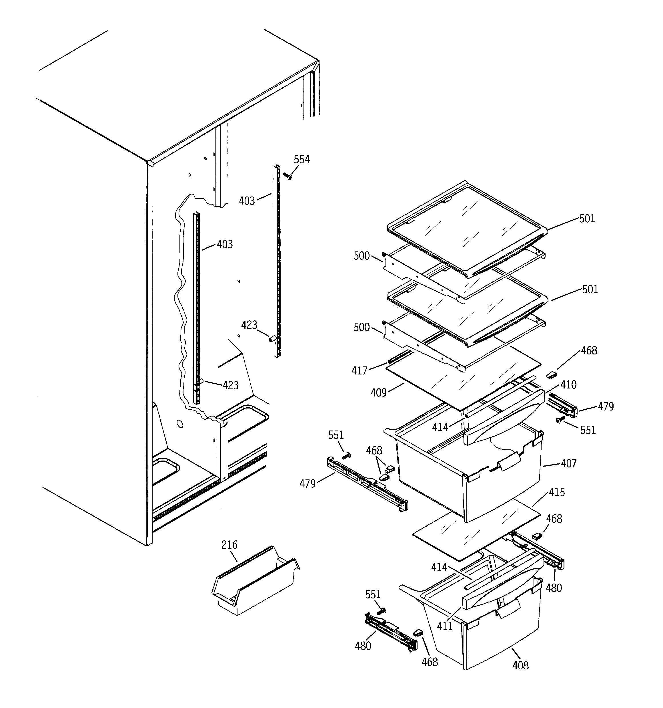 GE GSS25JEMBWW fresh food shelves diagram