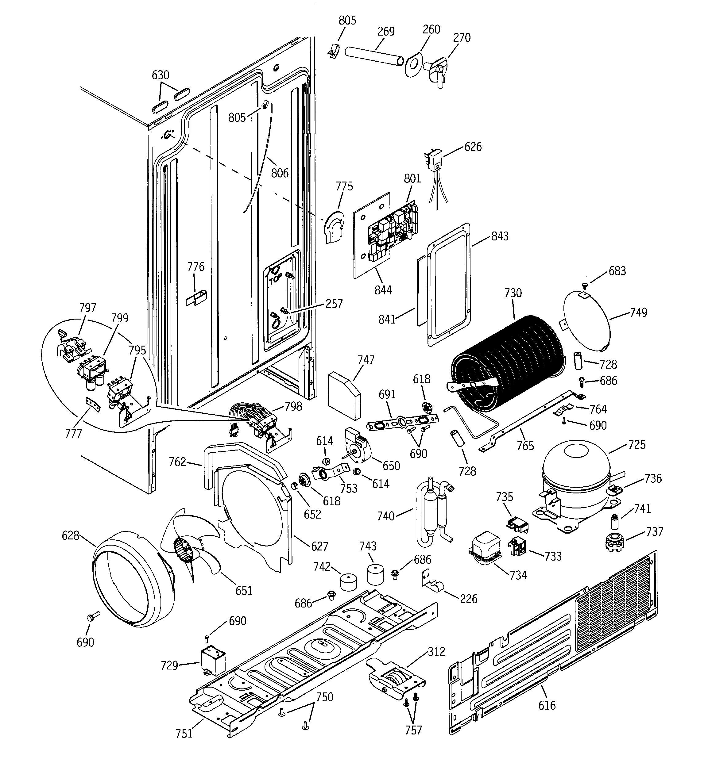GE SSS25KFMAWW sealed system & mother board diagram