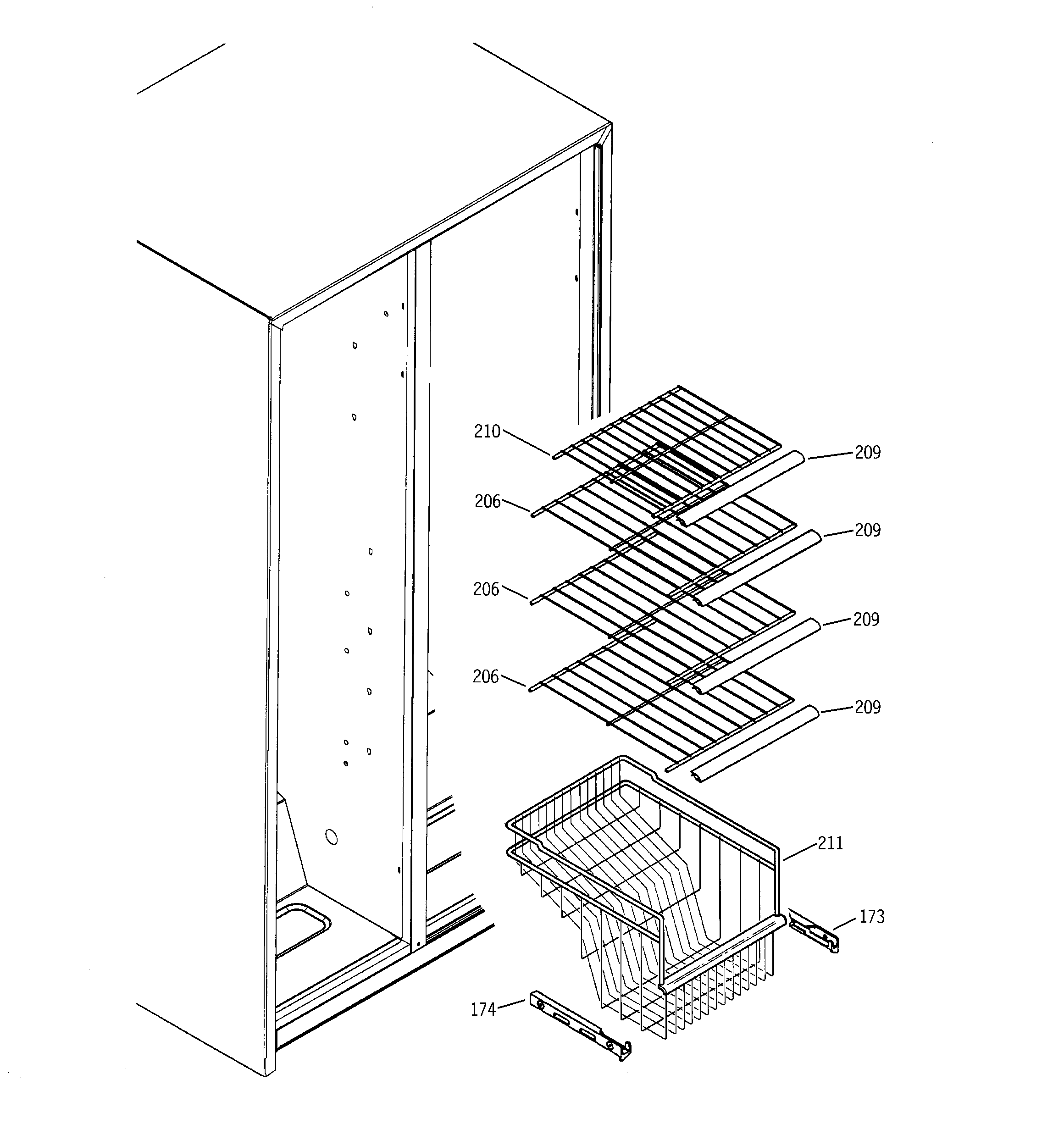 GE SSS25KFMAWW freezer shelves diagram