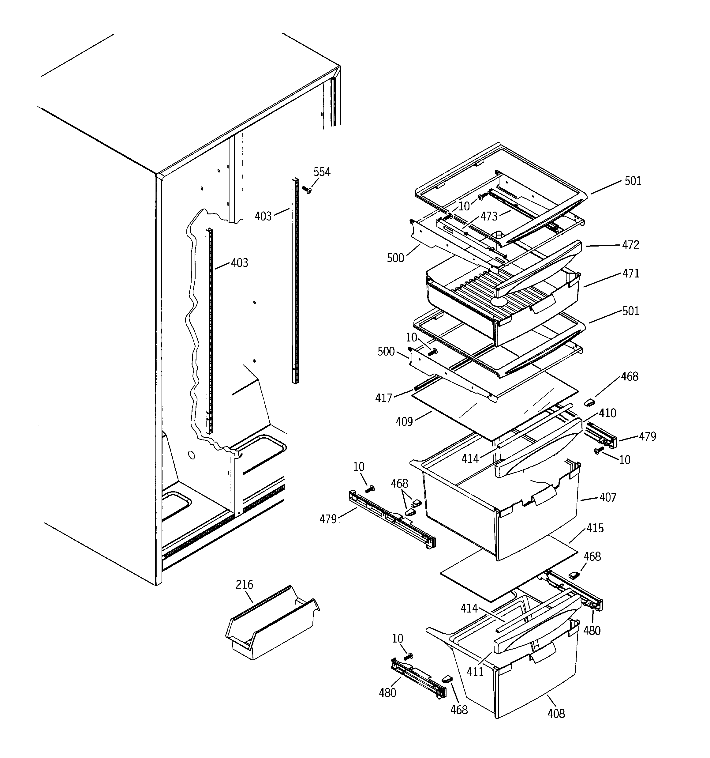 GE SSS25KFMAWW fresh food shelves diagram