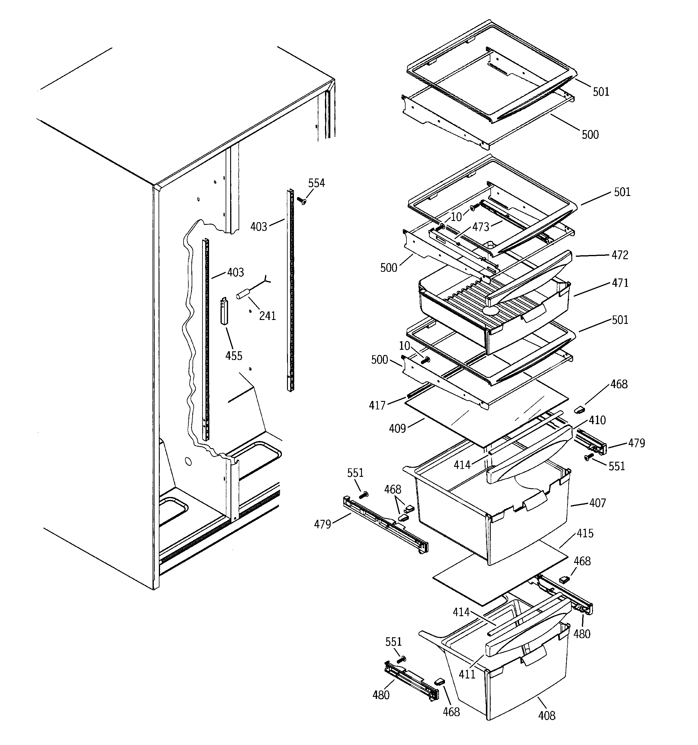 GE SSS25KFMDWW fresh food shelves diagram