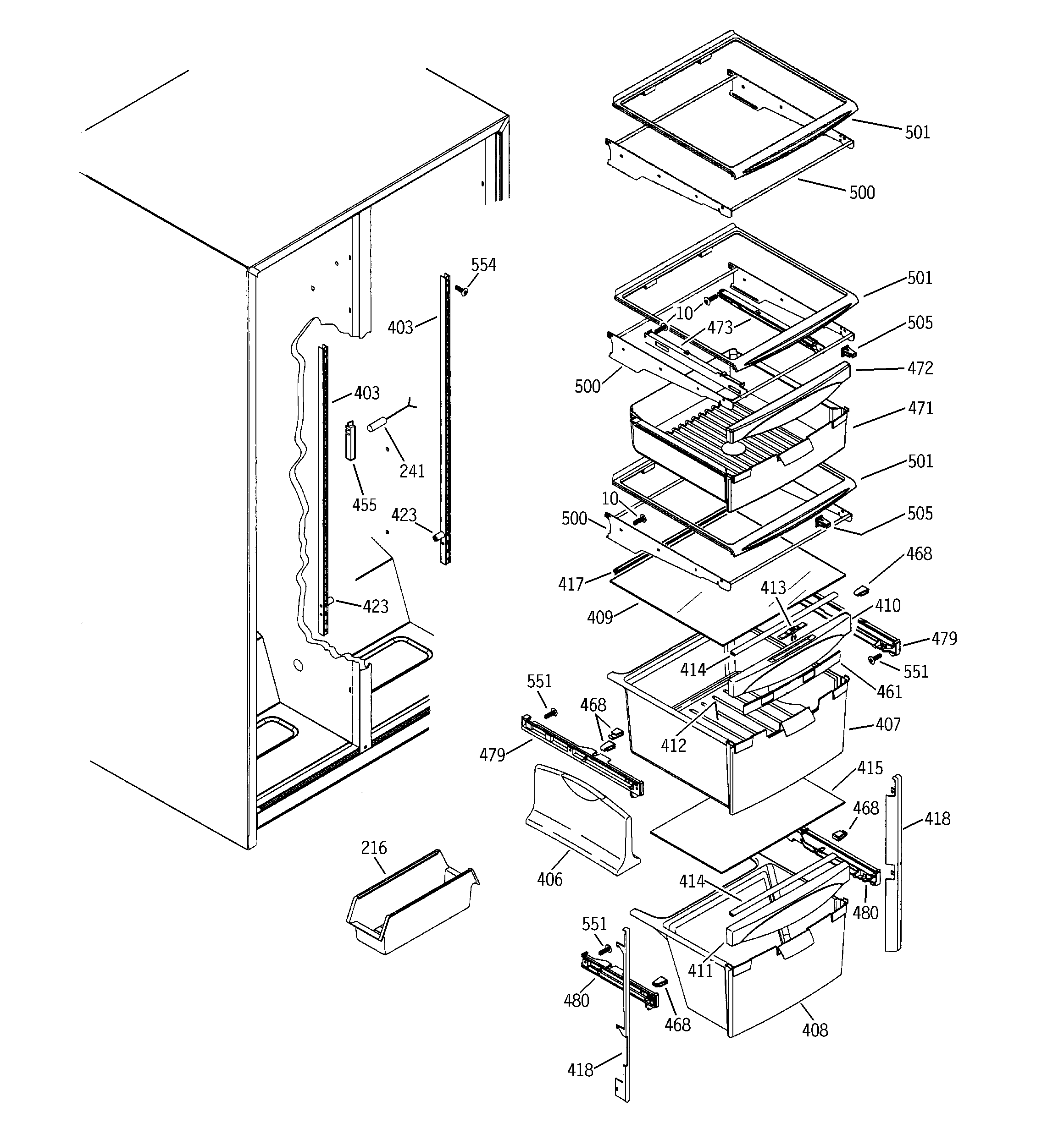 GE GSS25VGMDWW fresh food shelves diagram