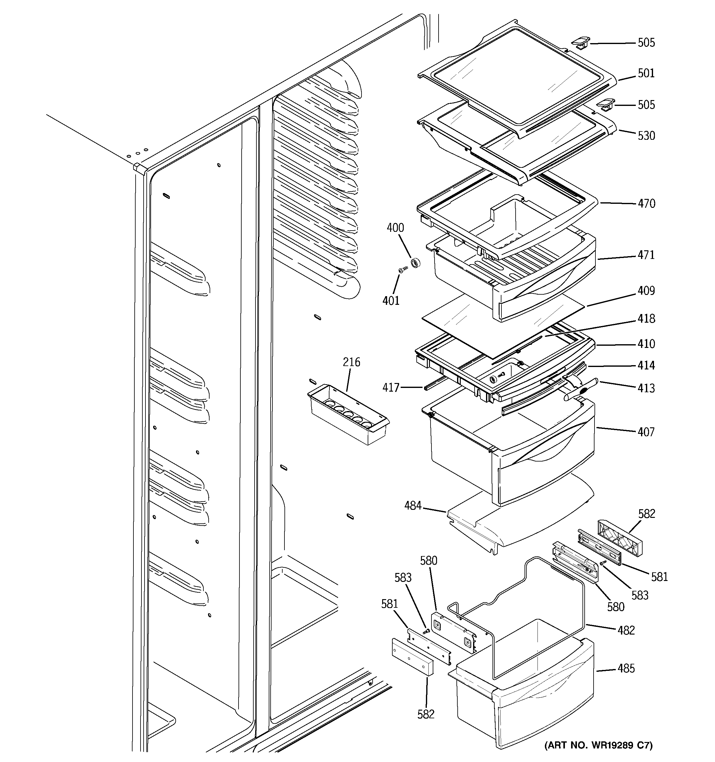 GE PSG25MCMHCBB fresh food shelves diagram