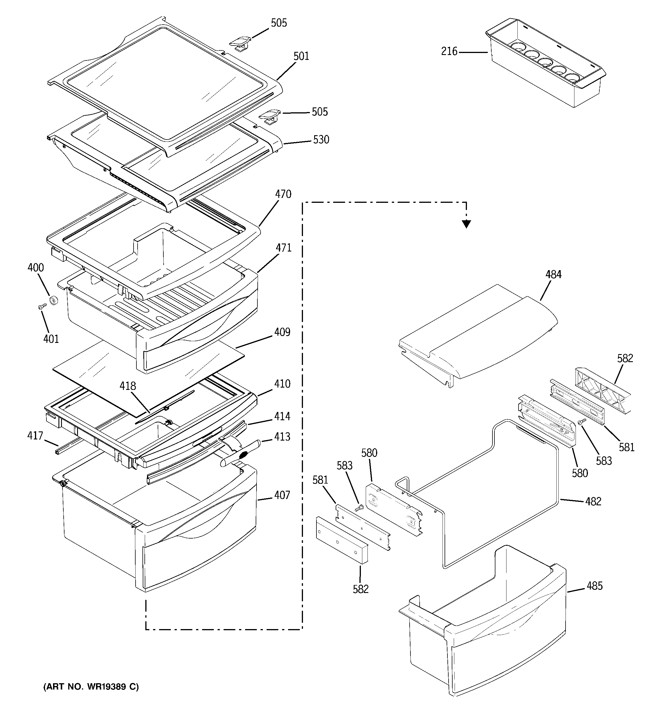 GE PSG25MIMHCWW fresh food shelves diagram